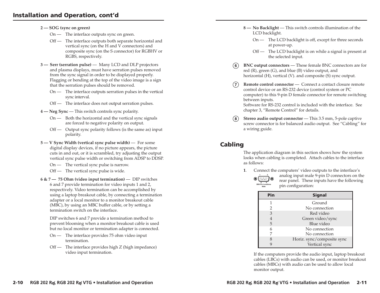 Cabling, Installation and operation, cont’d | Extron Electronics RGB 202xi VTG User Guide User Manual | Page 11 / 21