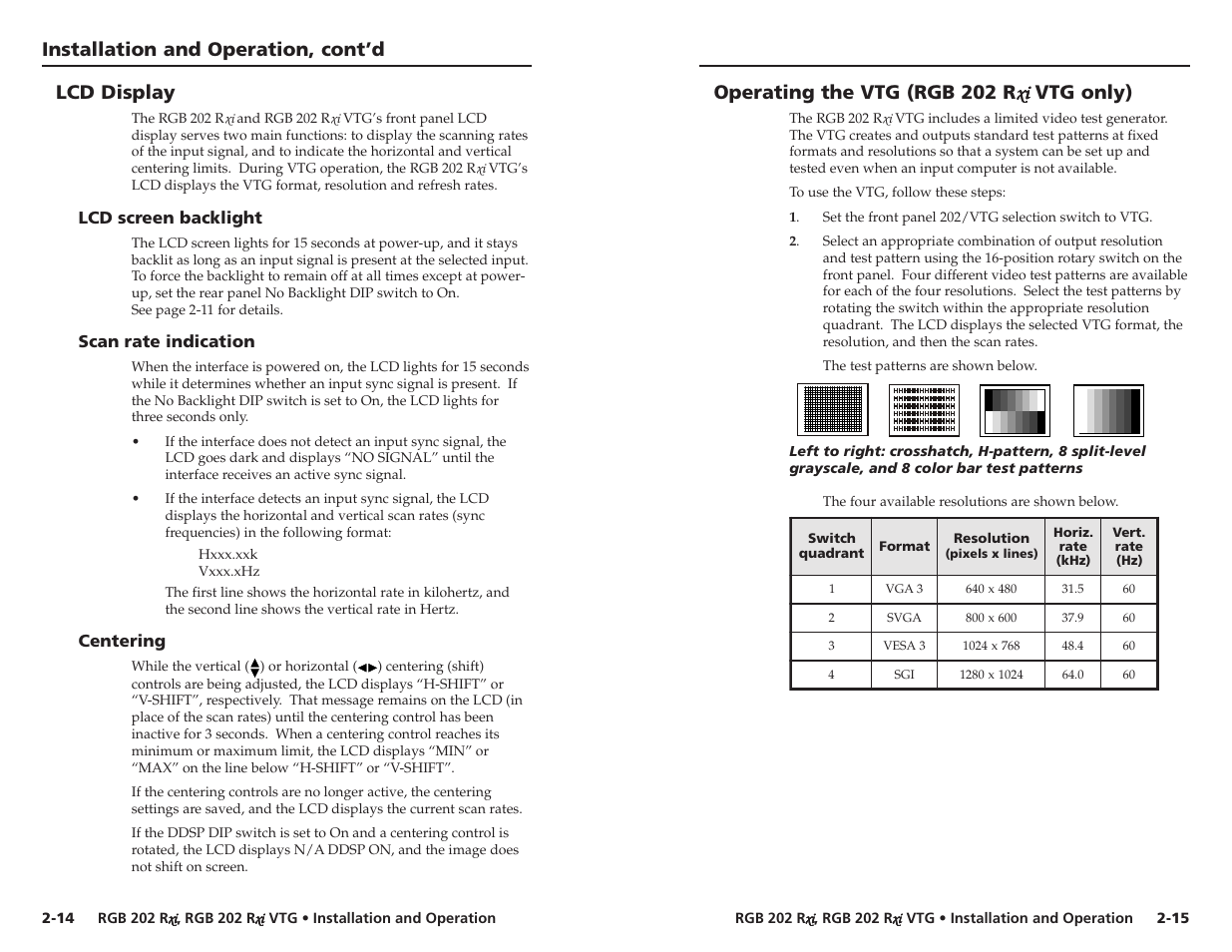 Lcd display, Operating the vtg (rgb 202 rxi vtg only), Installation and operation, cont’d | Extron Electronics RGB 202xi VTG User Guide User Manual | Page 13 / 21