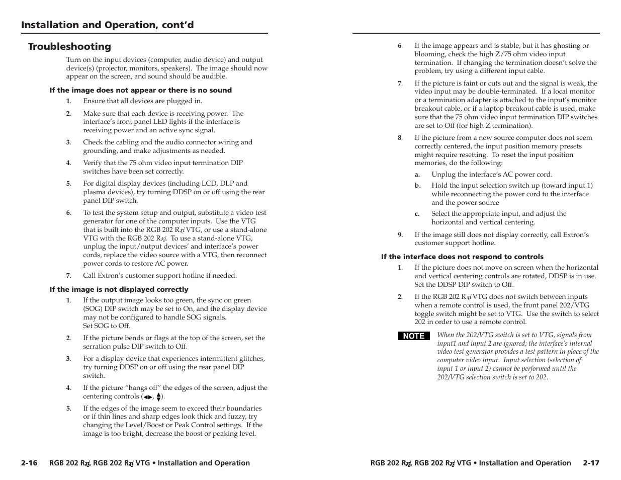 Troubleshooting, Installation and operation, cont’d | Extron Electronics RGB 202xi VTG User Guide User Manual | Page 14 / 21