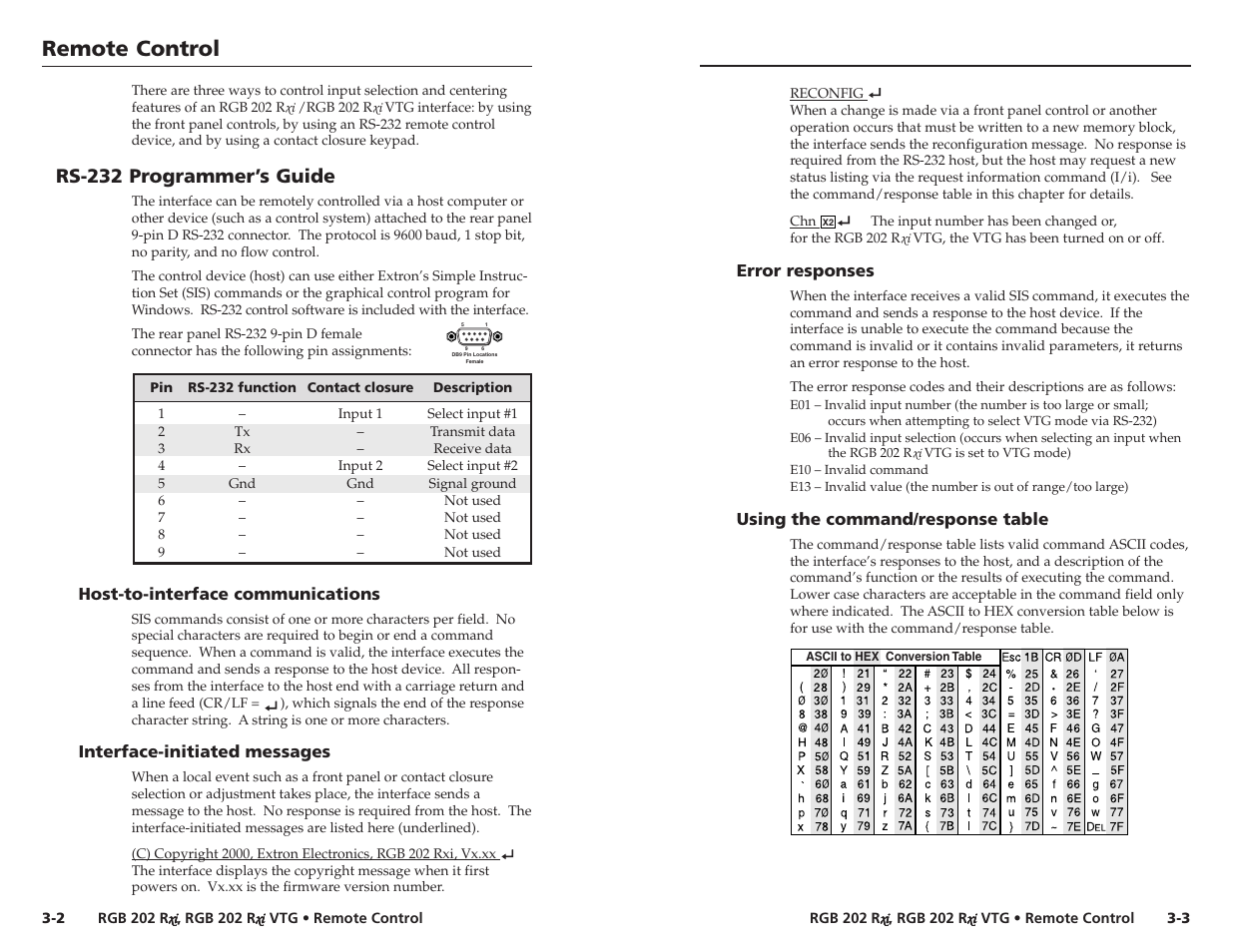 Rs-232 programmer's guide, Remote control, Remote control, cont’d | Rs-232 programmer’s guide | Extron Electronics RGB 202xi VTG User Guide User Manual | Page 16 / 21