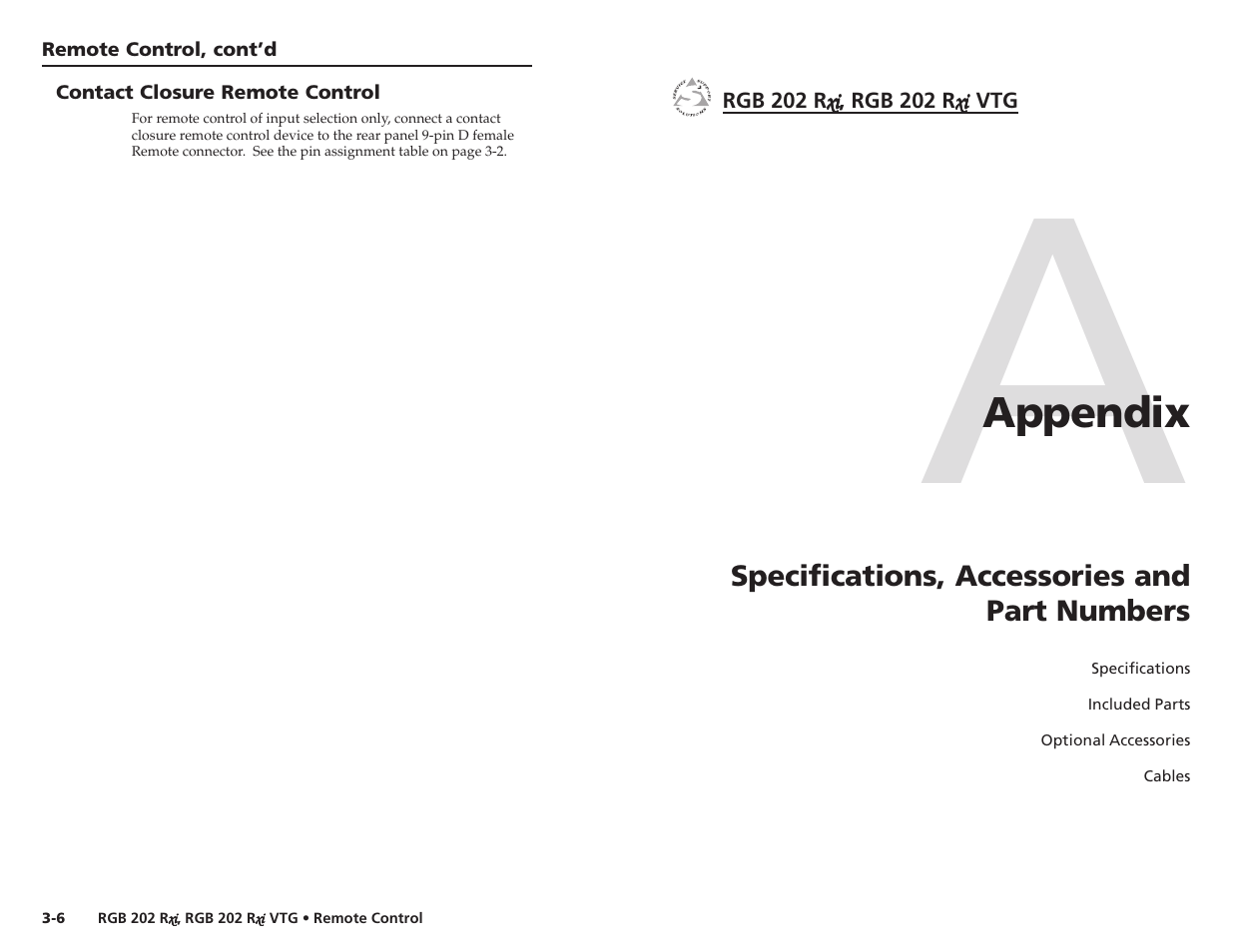 Contact closure remote control, Ch. 4: specifications, accessories, part numbers | Extron Electronics RGB 202xi VTG User Guide User Manual | Page 18 / 21