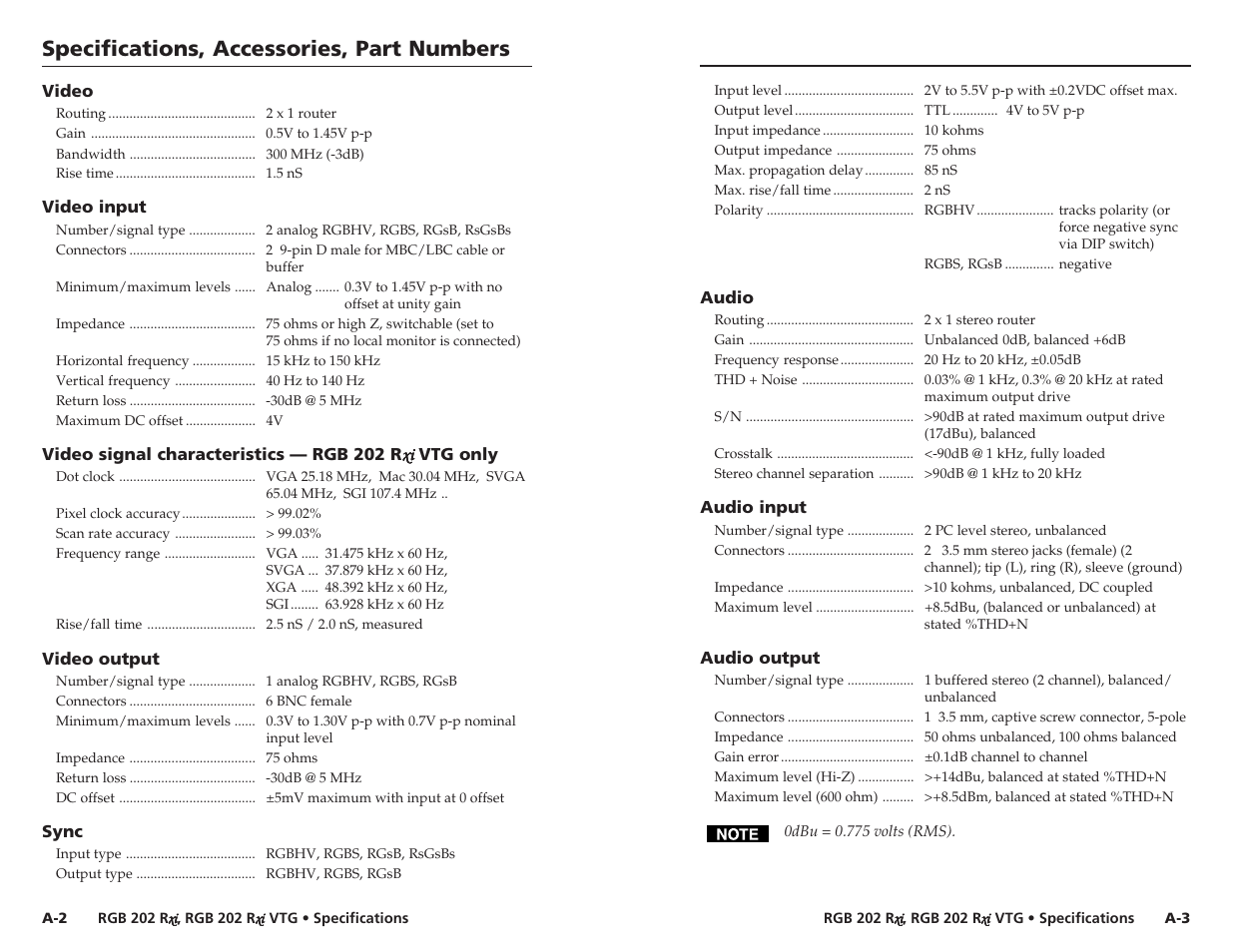 Specifications, Specifications, accessories, part numbers, Specifications, cont’d | Extron Electronics RGB 202xi VTG User Guide User Manual | Page 19 / 21