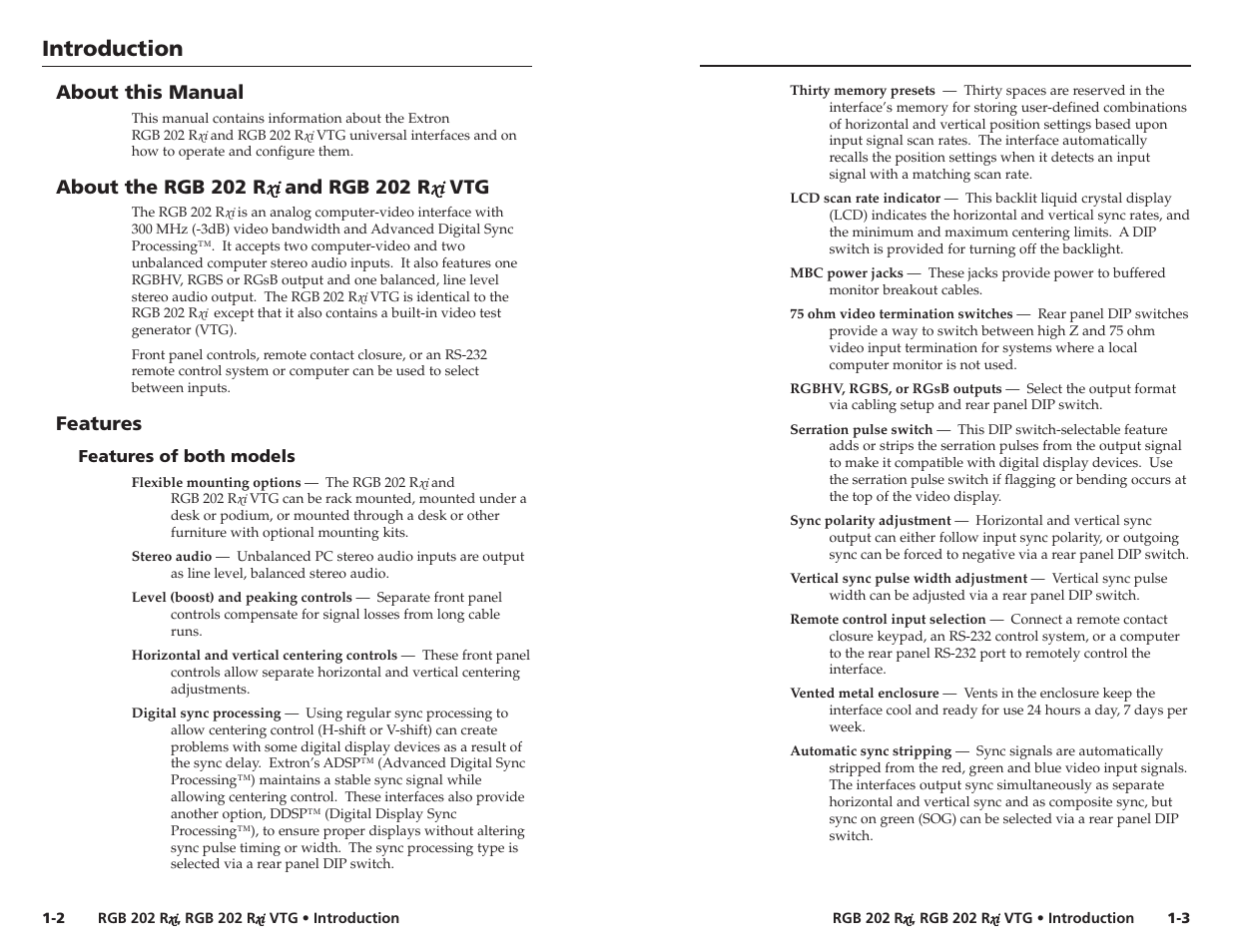 Introduction, Introduction, cont’d, About this manual | Features | Extron Electronics RGB 202xi VTG User Guide User Manual | Page 5 / 21