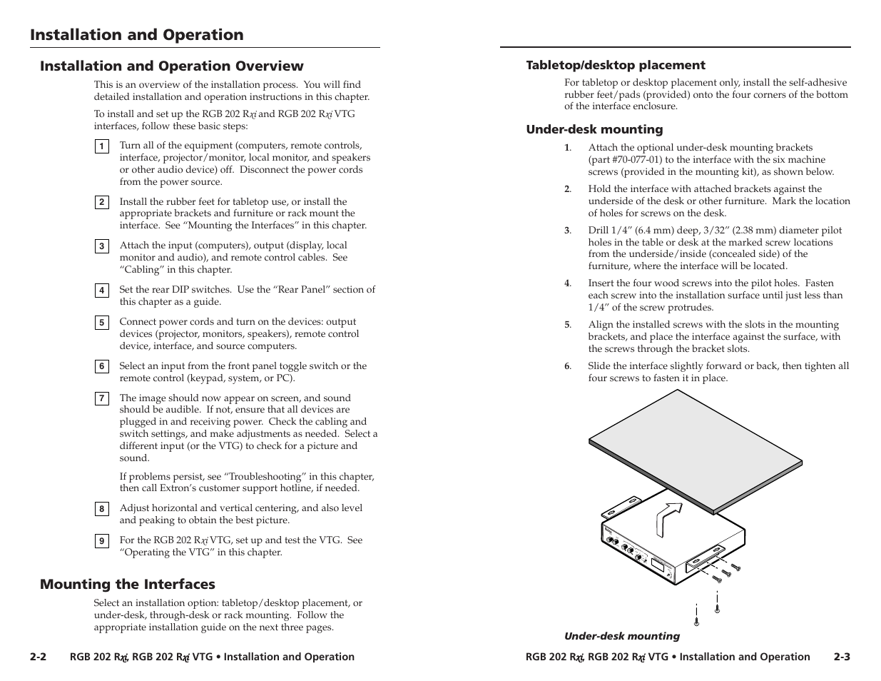 Installation & operation overview, Mounting the interfaces, Installation and operation | Extron Electronics RGB 202xi VTG User Guide User Manual | Page 7 / 21