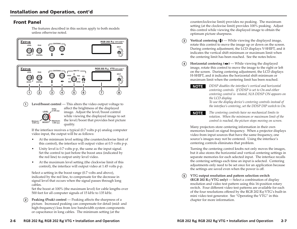 Front panel, Installation and operation, cont’d | Extron Electronics RGB 202xi VTG User Guide User Manual | Page 9 / 21