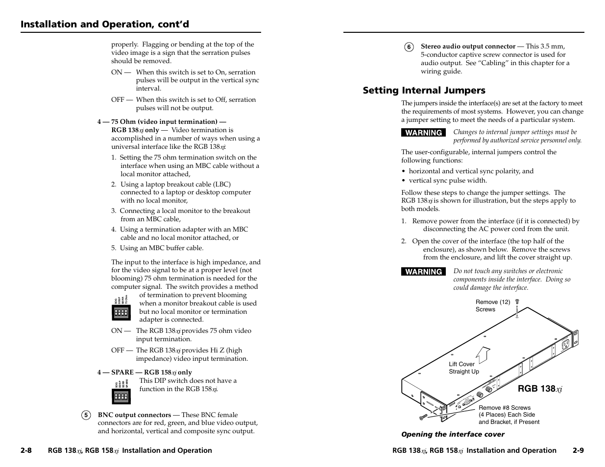 Installation and operation, cont’d, Setting internal jumpers | Extron Electronics RGB 158xi VGA User Guide User Manual | Page 10 / 22