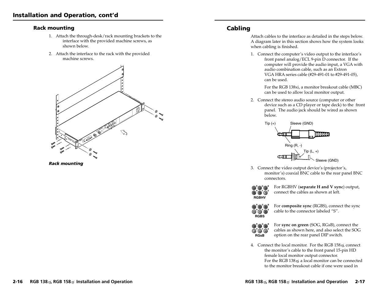 Installation and operation, cont’d, Cabling | Extron Electronics RGB 158xi VGA User Guide User Manual | Page 14 / 22