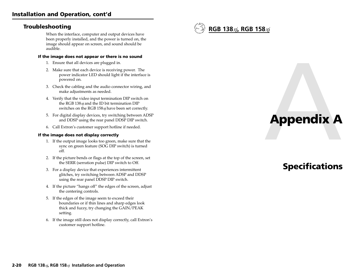 Appendix a, Specifications | Extron Electronics RGB 158xi VGA User Guide User Manual | Page 16 / 22