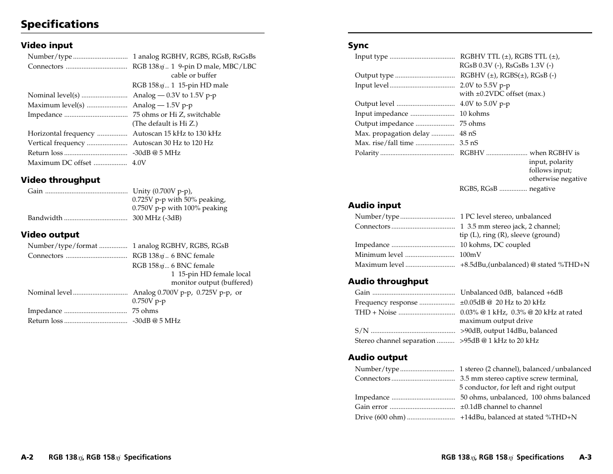 Specifications, Specifications, cont’d | Extron Electronics RGB 158xi VGA User Guide User Manual | Page 17 / 22