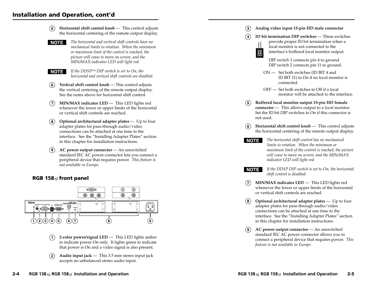 Installation and operation, cont’d, Id pin 4 id pin 11, Rgb 158 xi front panel | Extron Electronics RGB 158xi VGA User Guide User Manual | Page 8 / 22