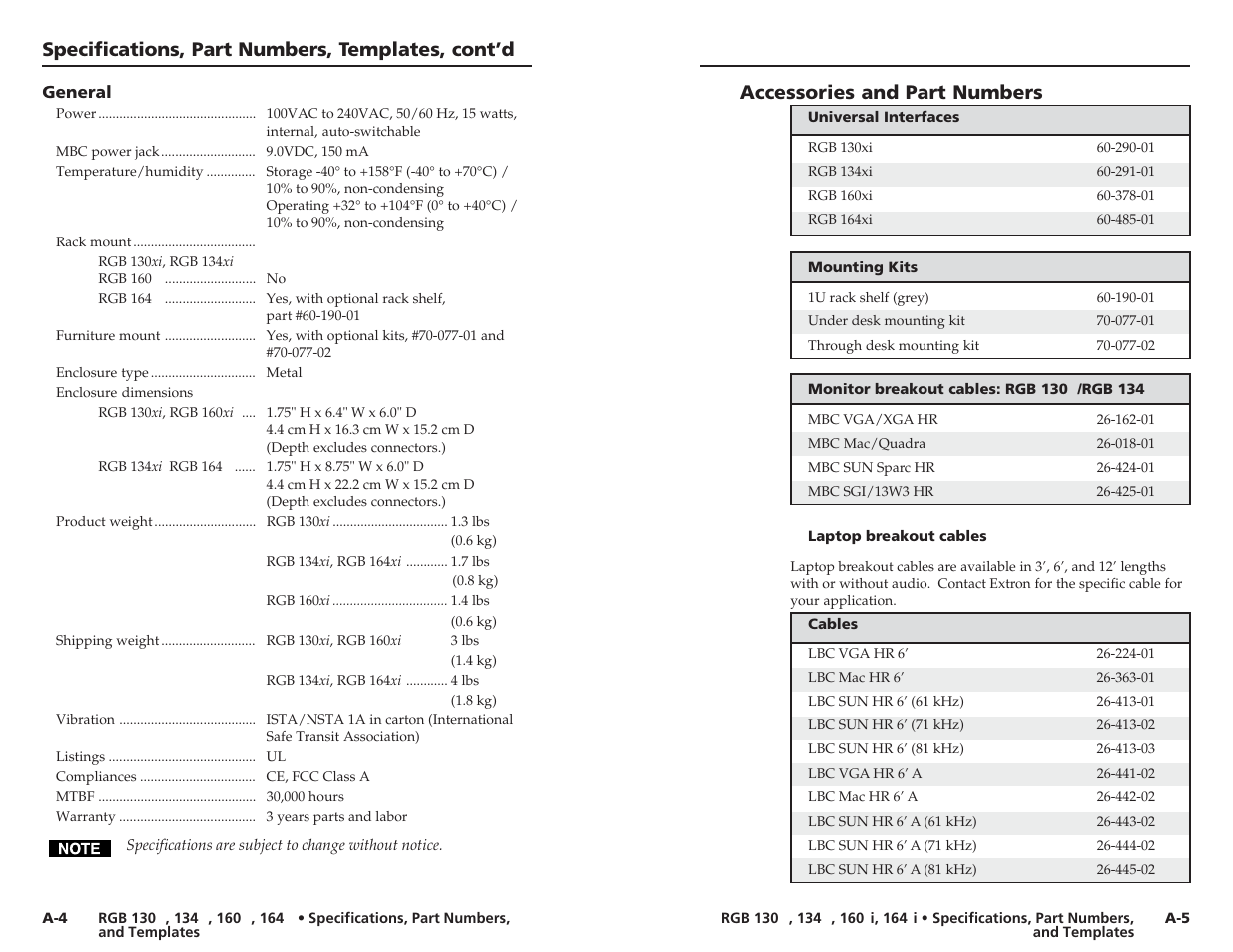 Specifications, part numbers, templates, cont’d, Accessories and part numbers | Extron Electronics RGB 164xi User Guide User Manual | Page 14 / 17