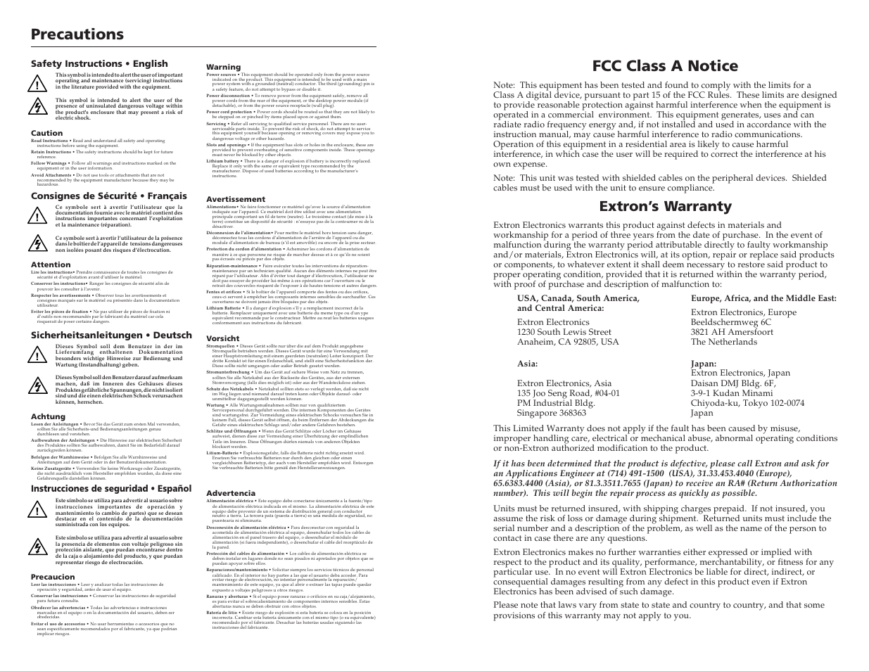 Precautions, Fcc class a notice, Extron’s warranty | Instrucciones de seguridad • español | Extron Electronics RGB 164xi User Guide User Manual | Page 2 / 17