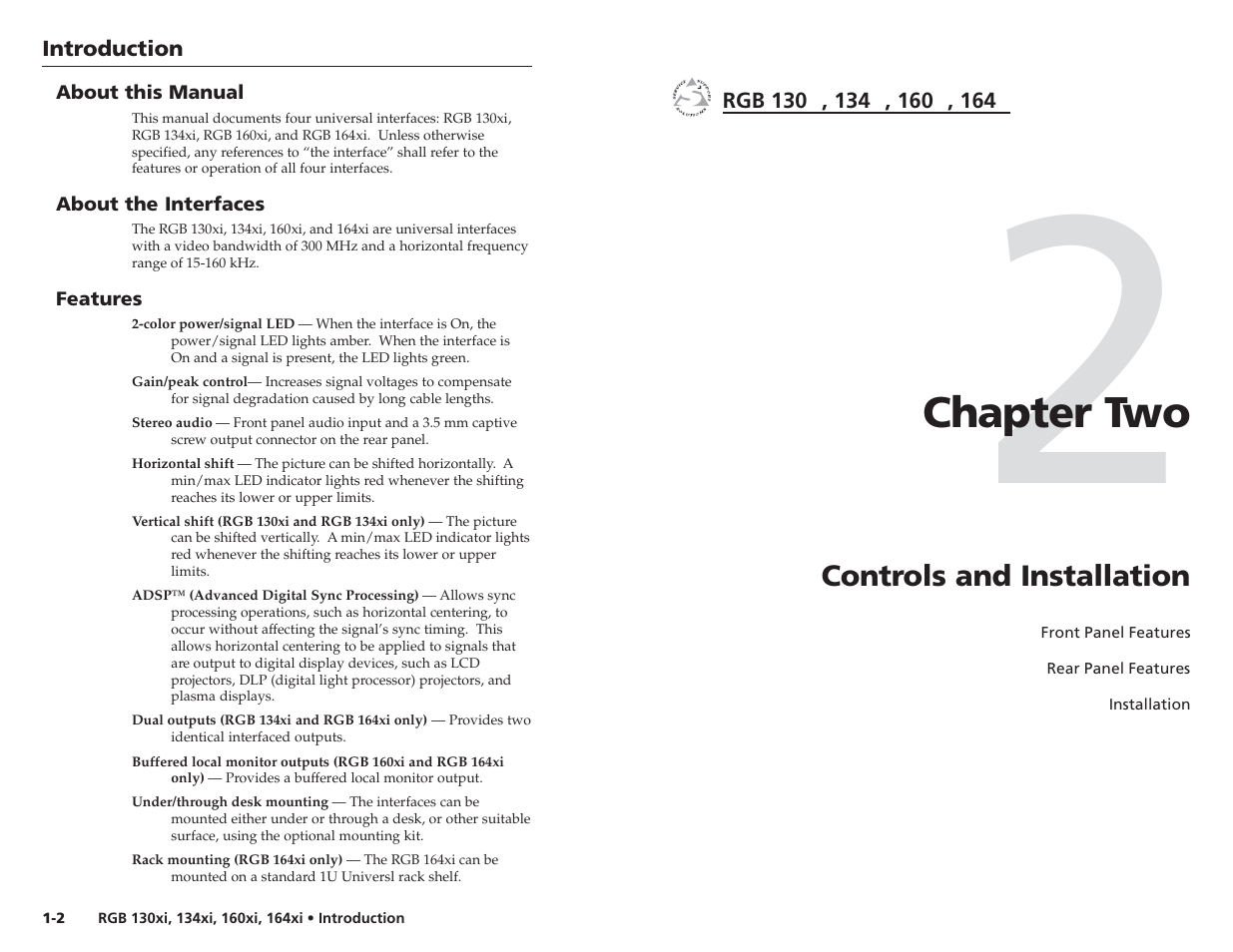 Chapter two, Controls and installation | Extron Electronics RGB 164xi User Guide User Manual | Page 5 / 17