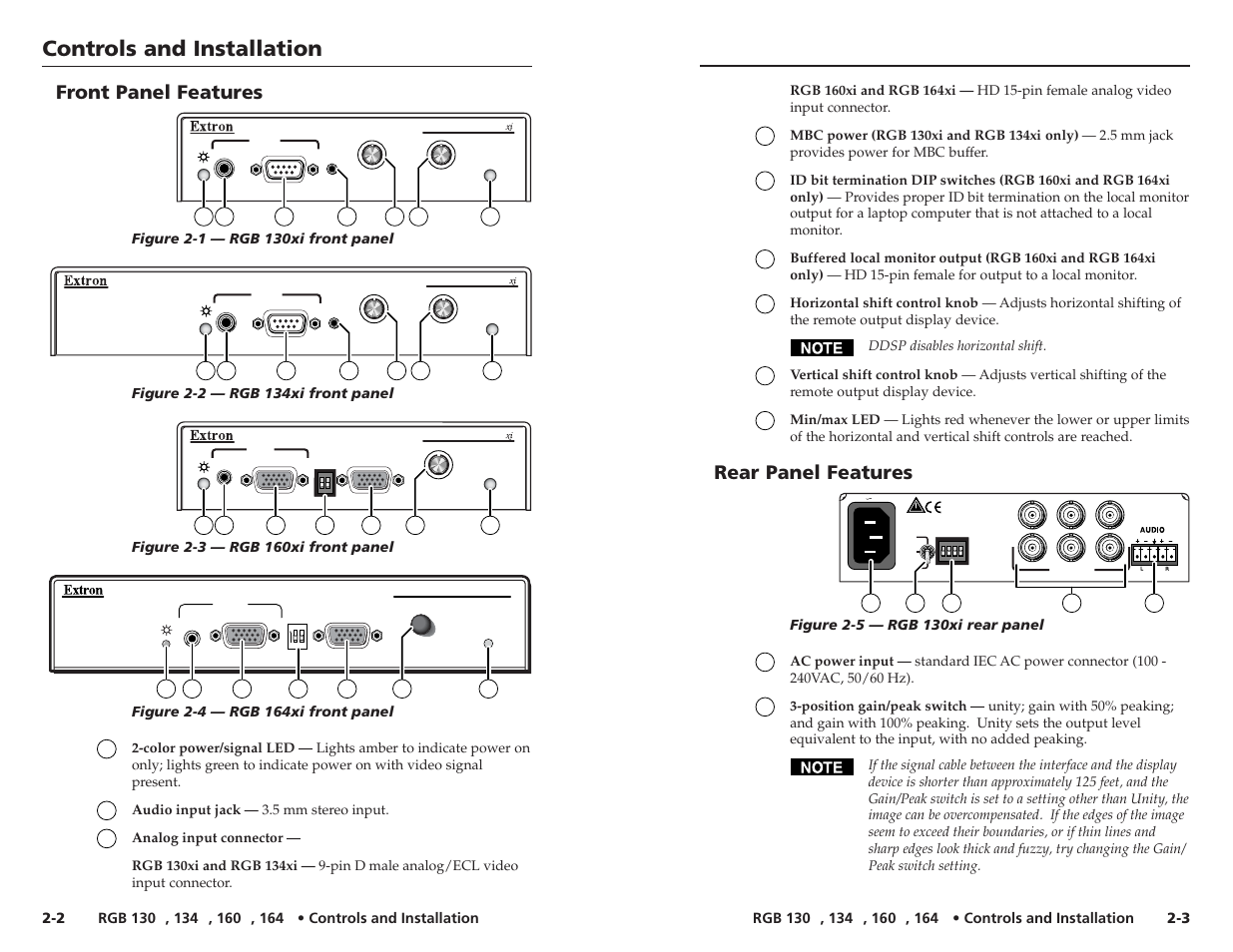 Controls and installation, Rear panel features, Front panel features | Extron Electronics RGB 164xi User Guide User Manual | Page 6 / 17