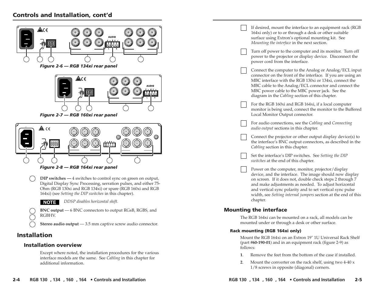 Controls and installation, cont’d, Installation, Installation overview | Mounting the interface | Extron Electronics RGB 164xi User Guide User Manual | Page 7 / 17