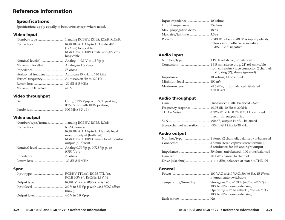 Reference information, Specifications | Extron Electronics RGB 112xi User Guide User Manual | Page 14 / 17