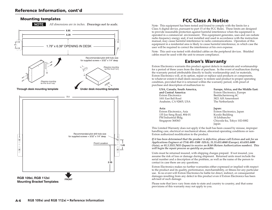 Fcc class a notice, Extron’s warranty, Reference information, cont'd | Mounting templates | Extron Electronics RGB 112xi User Guide User Manual | Page 16 / 17