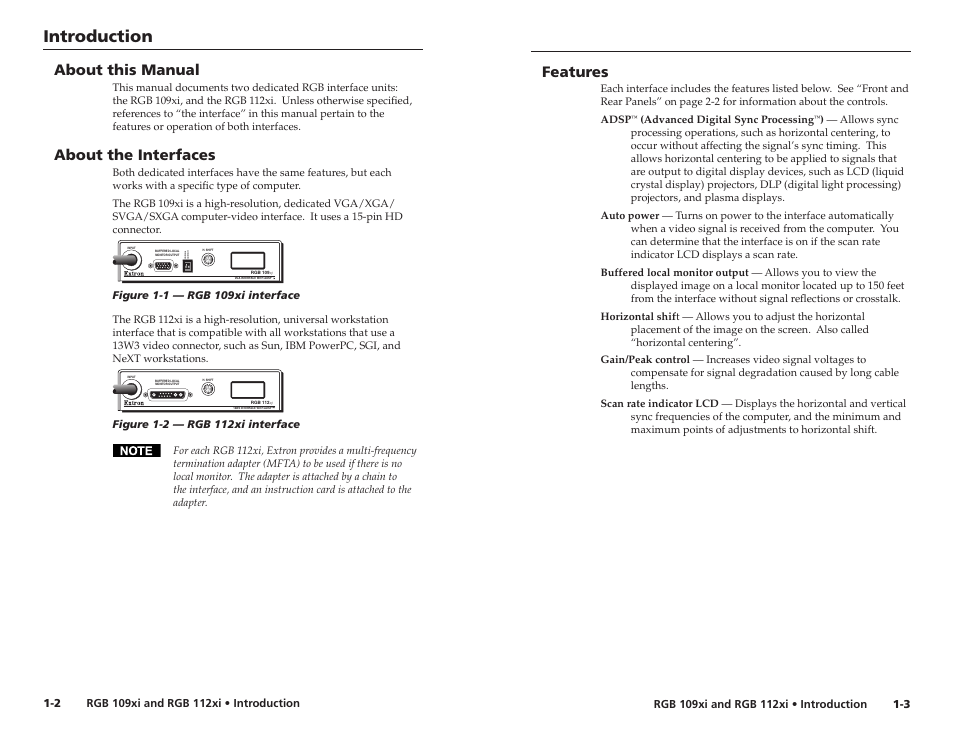 Introduction, About this manual, About the interfaces | Features | Extron Electronics RGB 112xi User Guide User Manual | Page 5 / 17