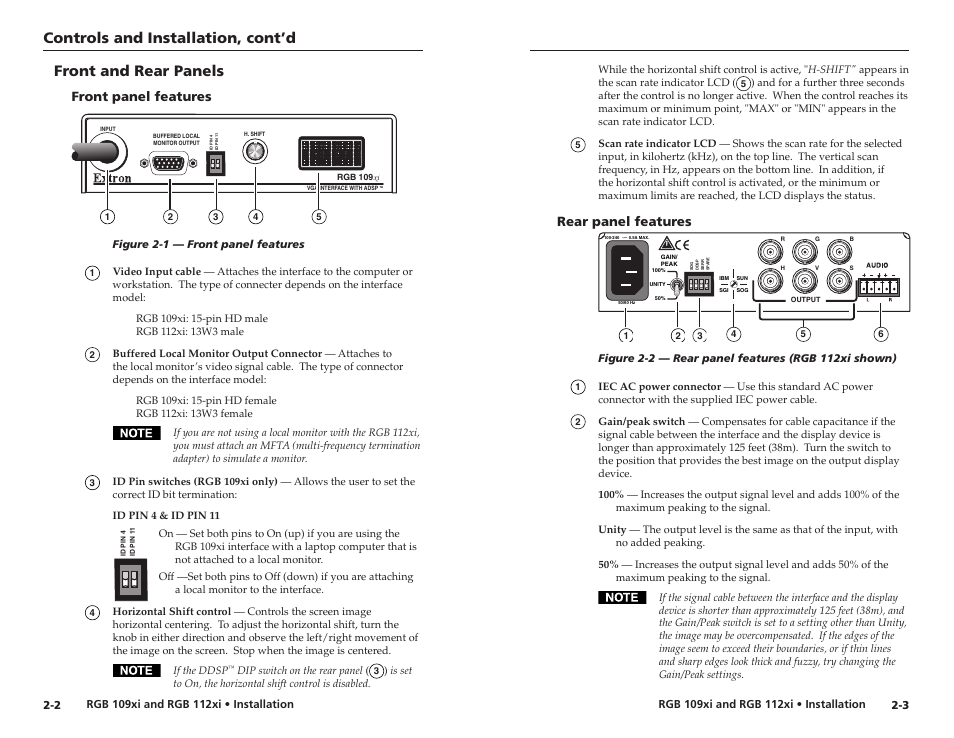 Controls and installation, cont’d, Front and rear panels, Front panel features | Rear panel features | Extron Electronics RGB 112xi User Guide User Manual | Page 7 / 17