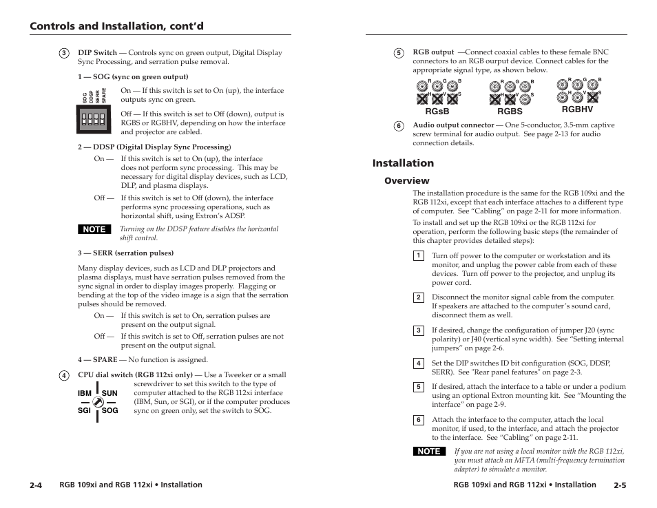 Controls and installation, cont’d, Installation, Overview | Extron Electronics RGB 112xi User Guide User Manual | Page 8 / 17