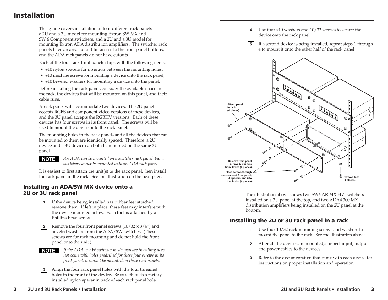 Installation, Installing the 2u or 3u rack panel in a rack | Extron Electronics 2U and 3U Rack Panels User Manual | Page 2 / 2
