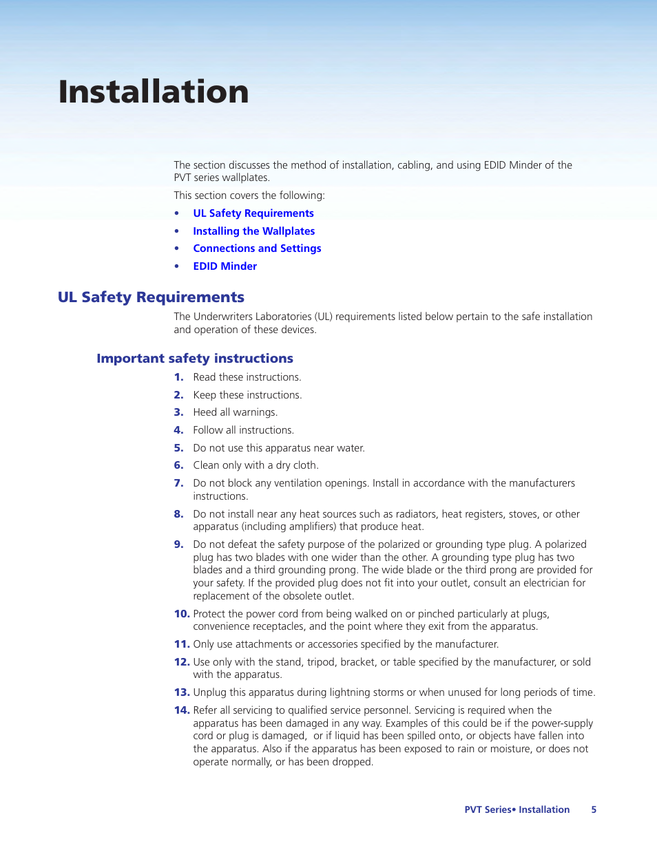 Installation, Ul safety requirements, Important safety instructions | Extron Electronics PVT Series User Guide User Manual | Page 11 / 26