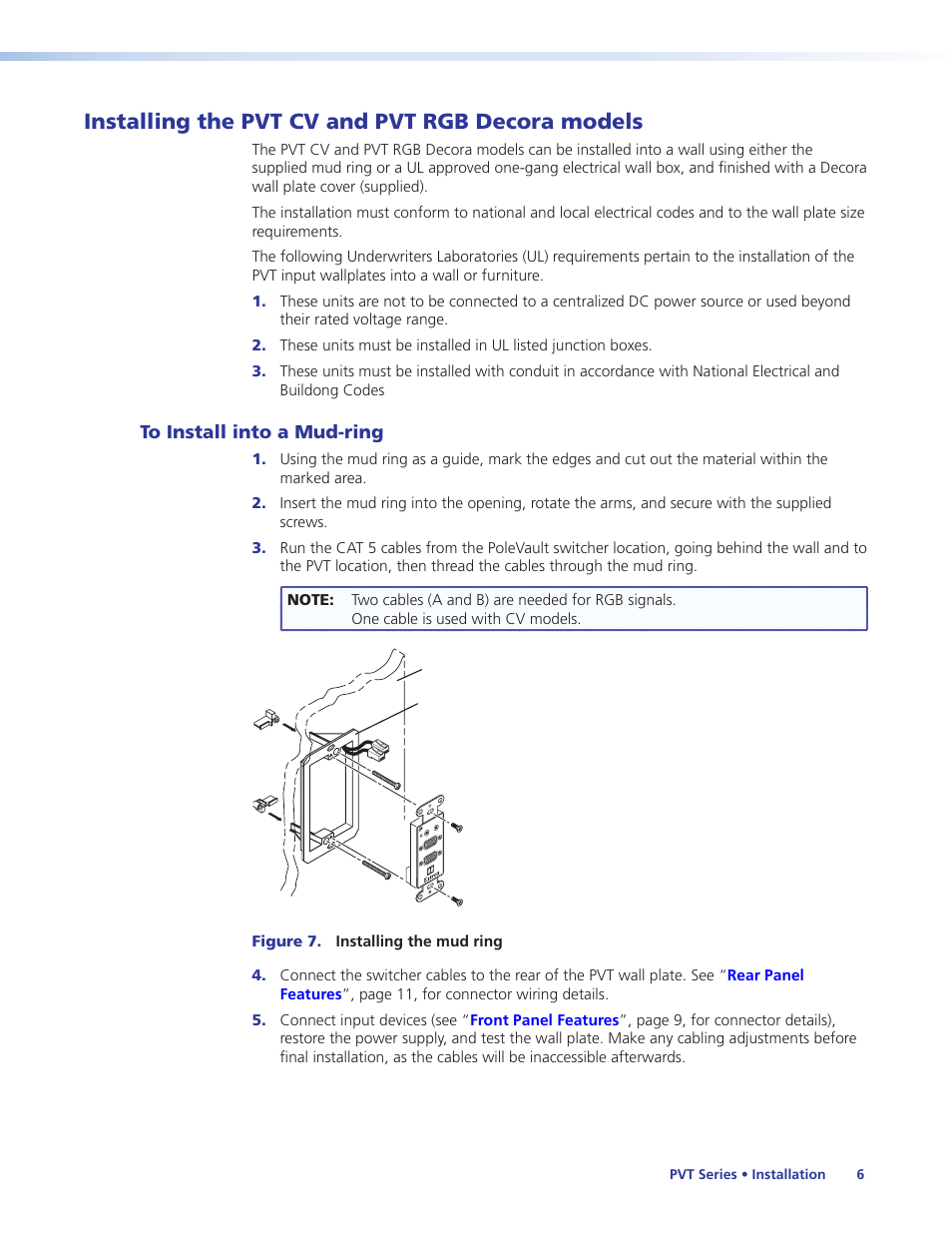 Installing the pvt cv and pvt rgb decora models, To install into a mud-ring, To install into a wall box | Installing the pvt cv and pvt rgb decora, Models | Extron Electronics PVT Series User Guide User Manual | Page 12 / 26