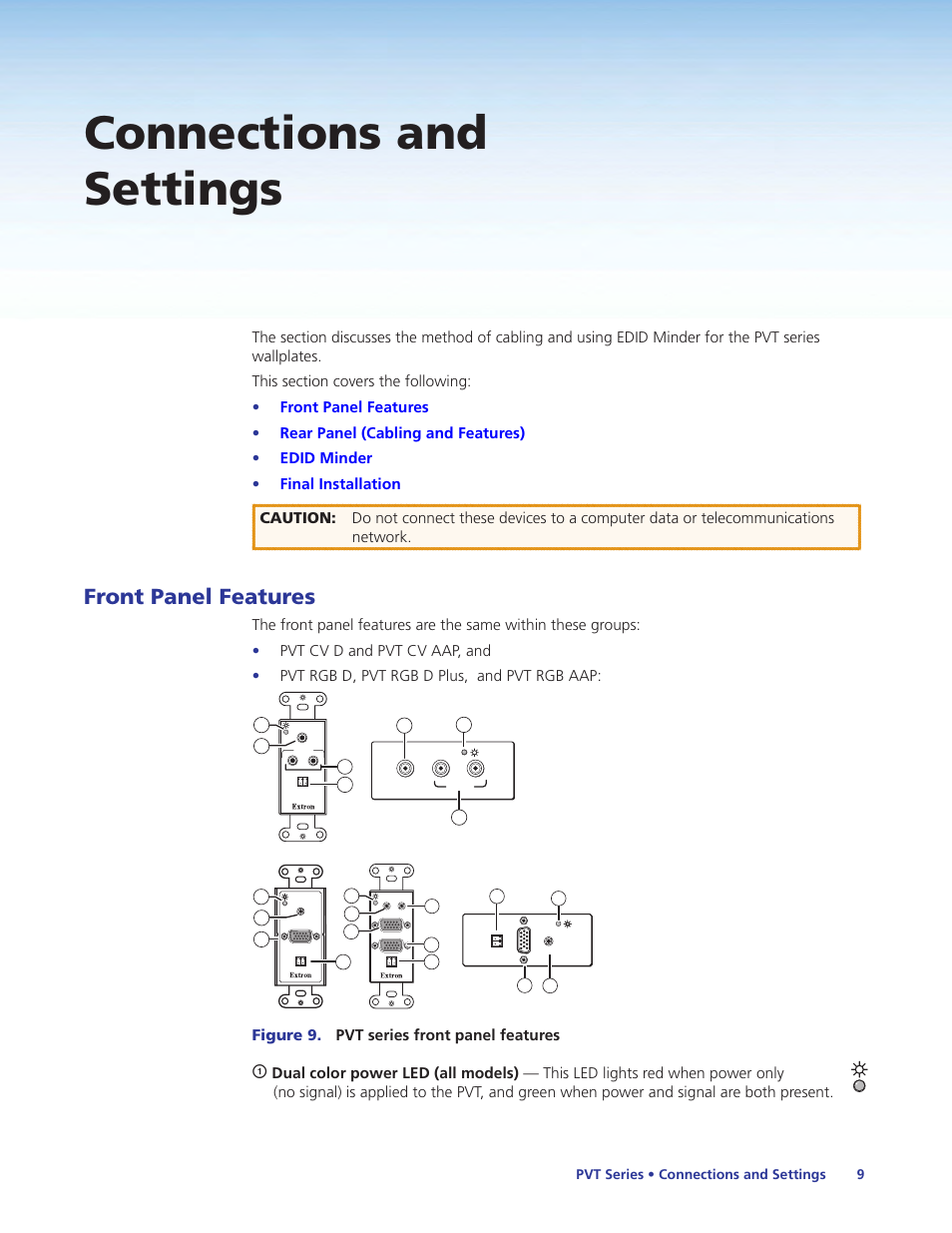 Connections and settings, Front panel features, Connect input devices (see | Figure 9. pvt series front panel features, Pvt series • connections and settings 9 | Extron Electronics PVT Series User Guide User Manual | Page 15 / 26