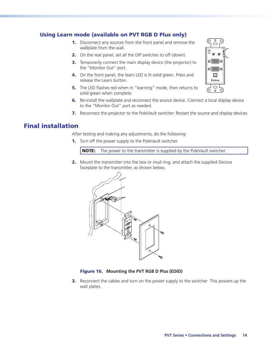 Final installation, Using learn mode (available on, Pvt rgb d plus only) | Extron pvt rgb d plus (edid) | Extron Electronics PVT Series User Guide User Manual | Page 20 / 26