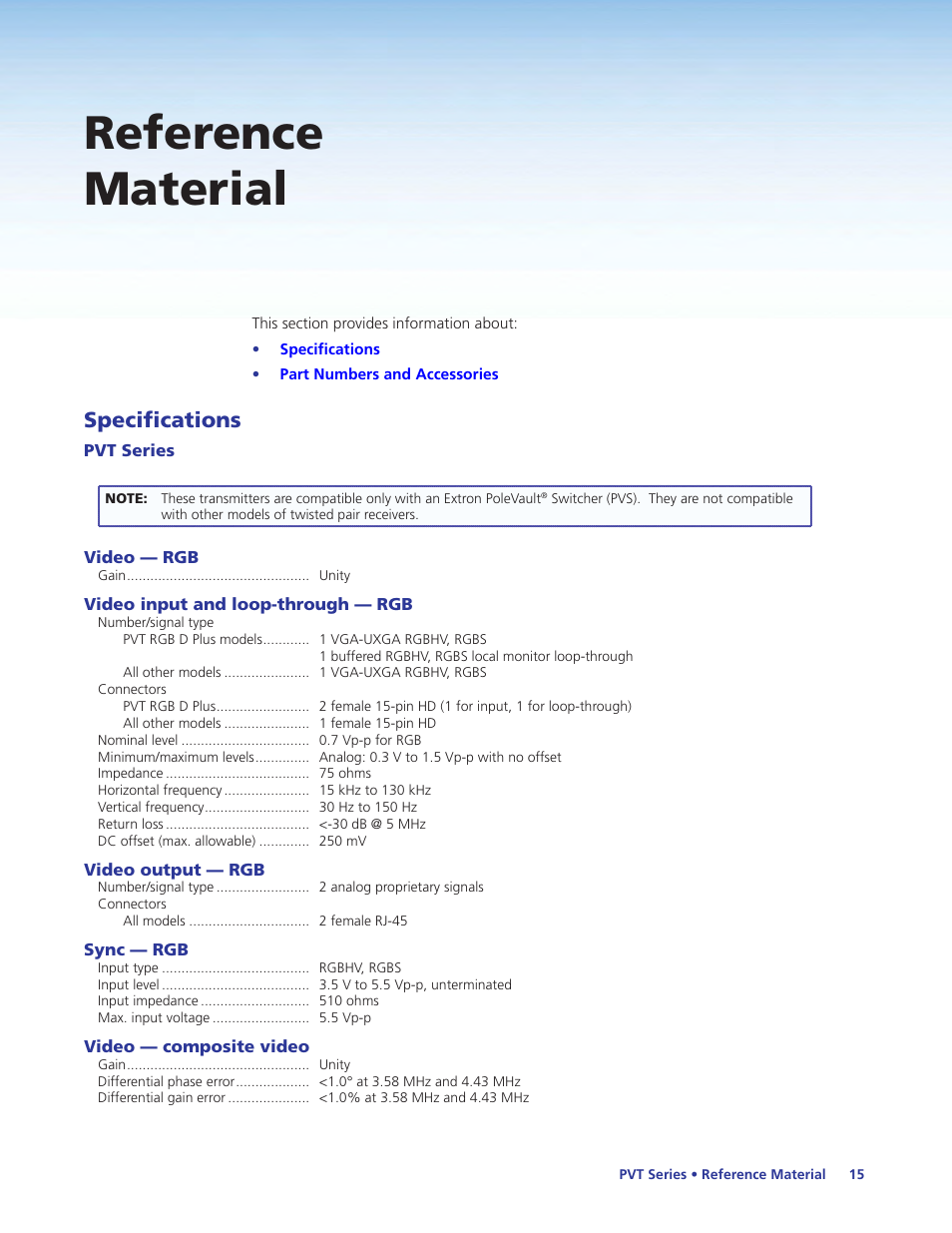 Reference material, Specification, Specifications | Extron Electronics PVT Series User Guide User Manual | Page 21 / 26