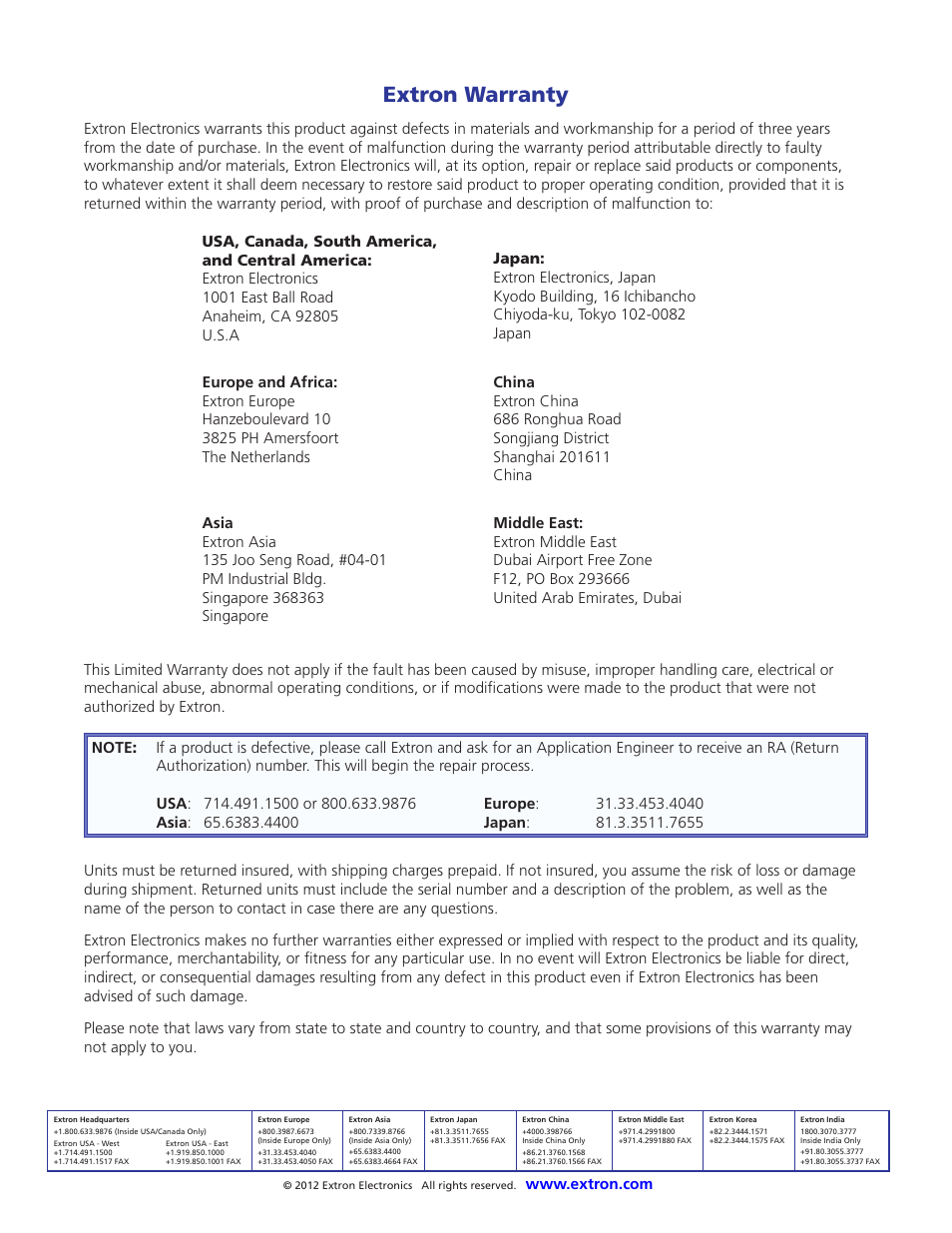 Extron warranty | Extron Electronics PVT Series User Guide User Manual | Page 26 / 26