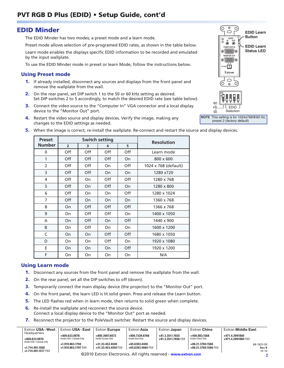 Edid minder, Pvt rgb d plus (edid) • setup guide, cont’d, Using preset mode | Using learn mode | Extron Electronics PVT RGB D Plus (EDID) Setup Guide User Manual | Page 2 / 2