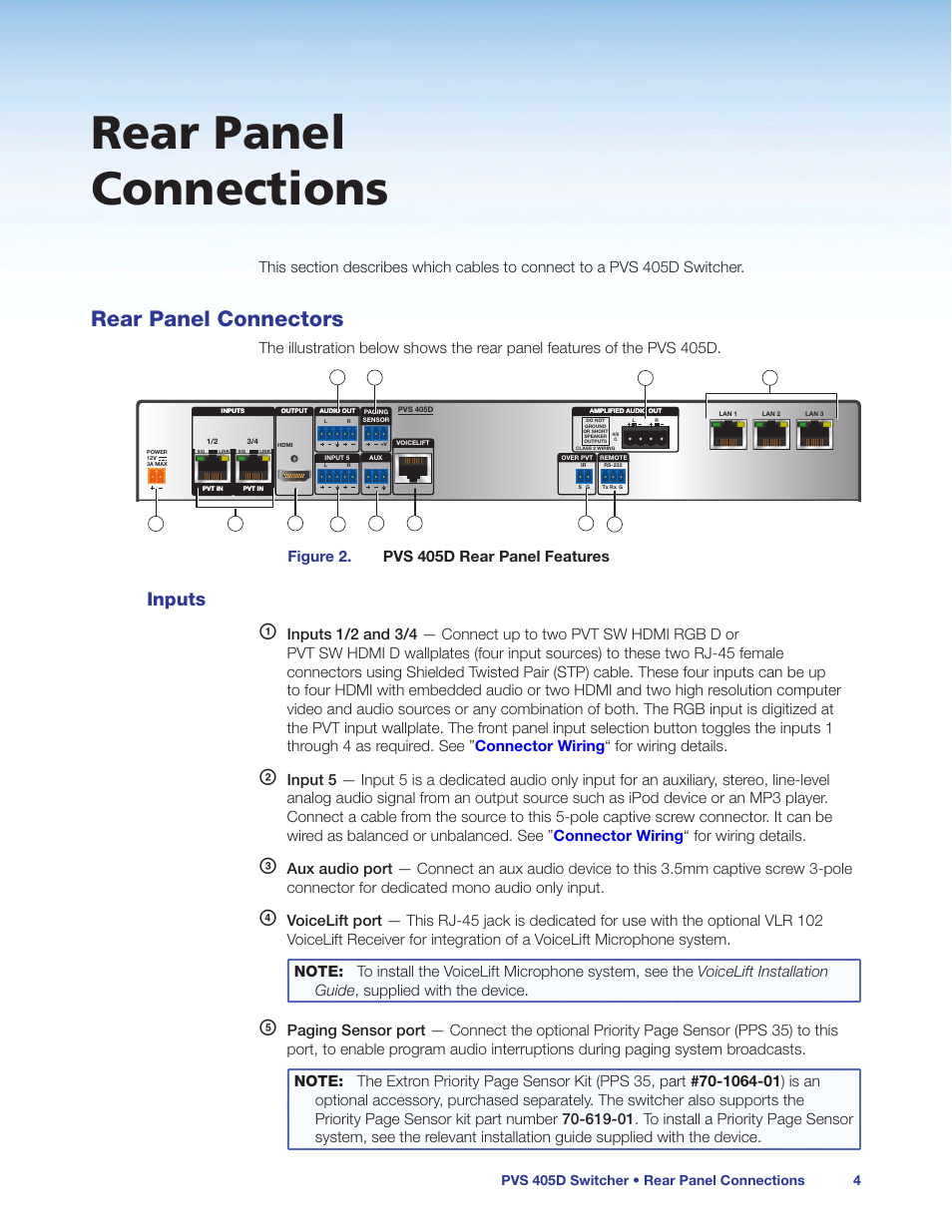 Rear panel connections, Rear panel connectors, Inputs | Figure 2. pvs 405d rear panel features, Pvs 405d switcher • rear panel connections 4 | Extron Electronics PVS 405D User Guide User Manual | Page 10 / 58