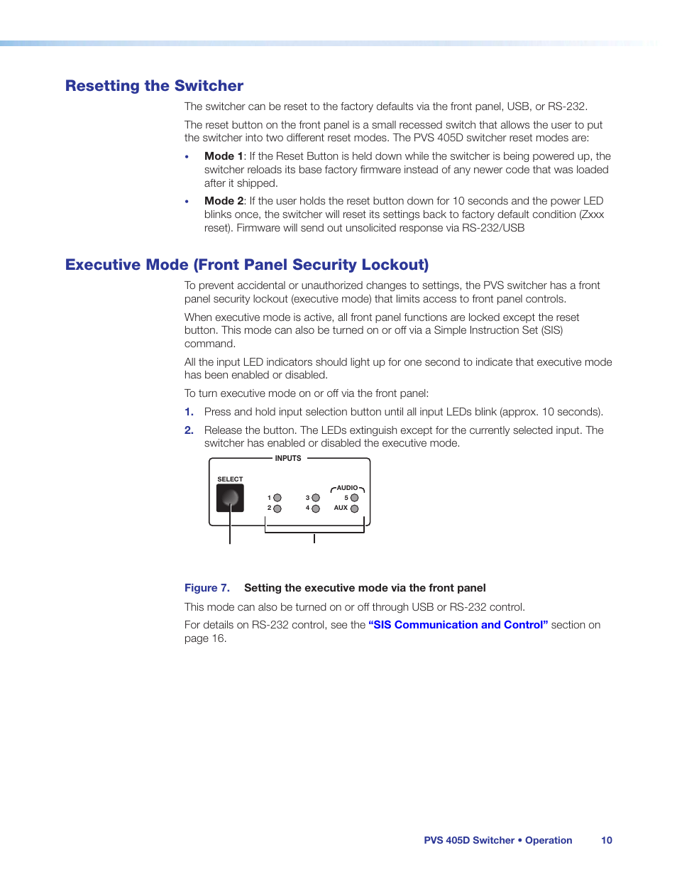 Resetting the switcher, Executive mode (front panel security lockout) | Extron Electronics PVS 405D User Guide User Manual | Page 16 / 58