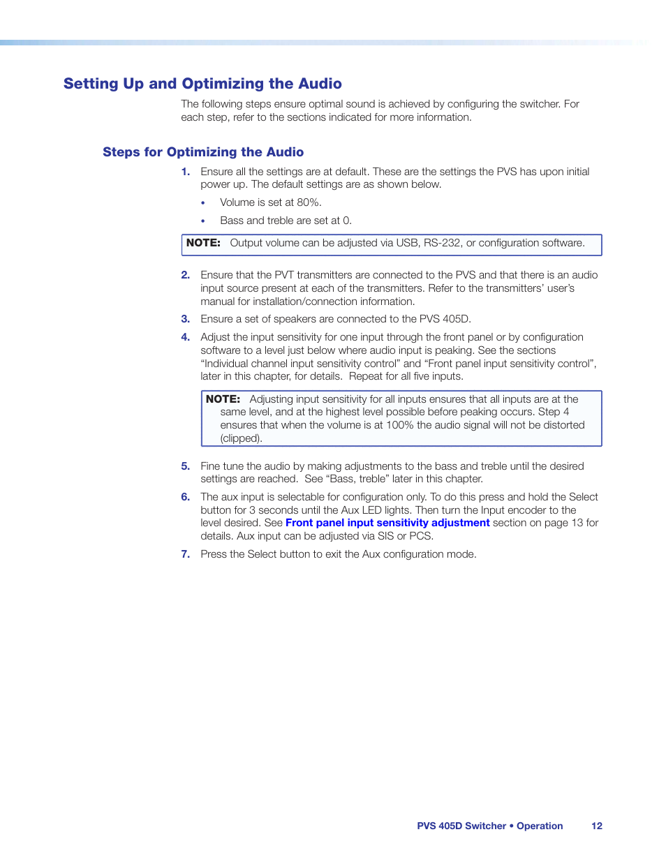 Setting up and optimizing the audio, Steps for optimizing the audio | Extron Electronics PVS 405D User Guide User Manual | Page 18 / 58