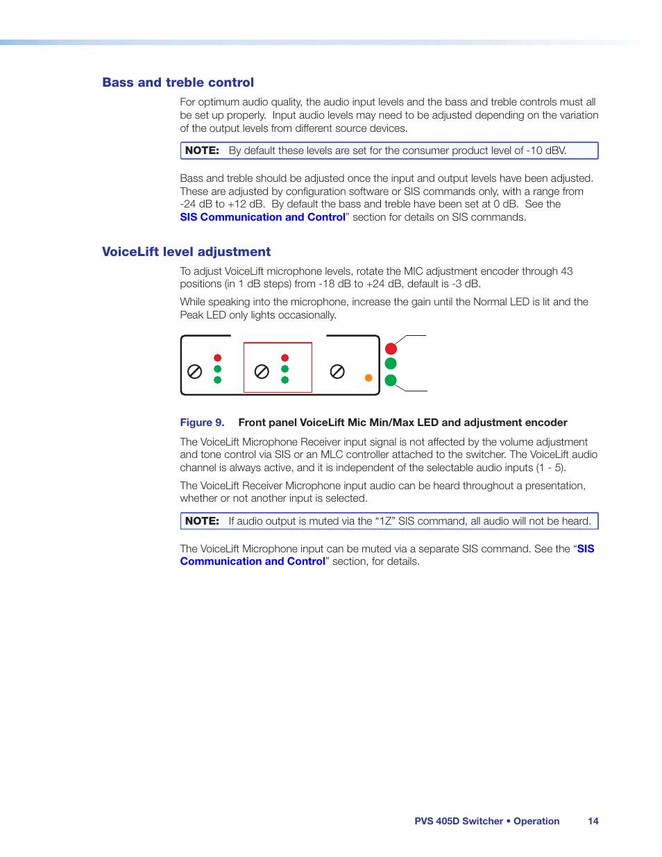 Bass and treble control, Voicelift level adjustment, Bass and treble control voicelift level adjustment | Extron Electronics PVS 405D User Guide User Manual | Page 20 / 58