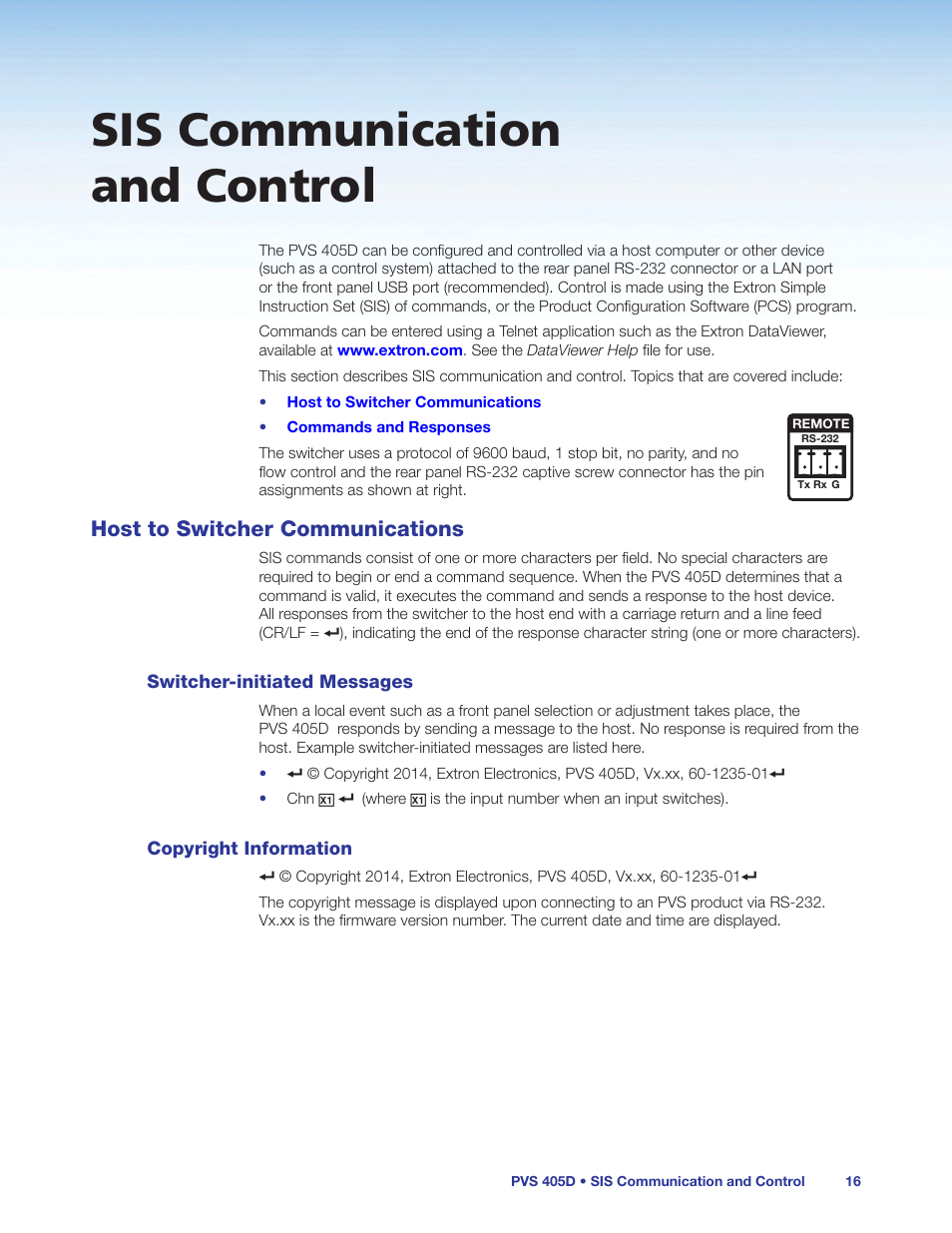 Sis communication and control, Host to switcher communications, Switcher-initiated messages | Copyright information, Switcher‑initiated messages copyright information | Extron Electronics PVS 405D User Guide User Manual | Page 22 / 58