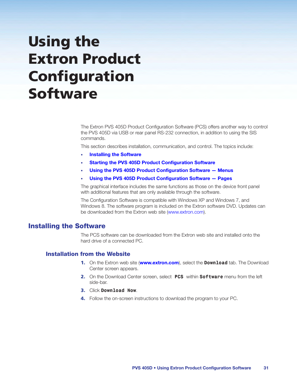 Using the extron product configuration software, Installing the software, Installation from the website | Extron Electronics PVS 405D User Guide User Manual | Page 37 / 58