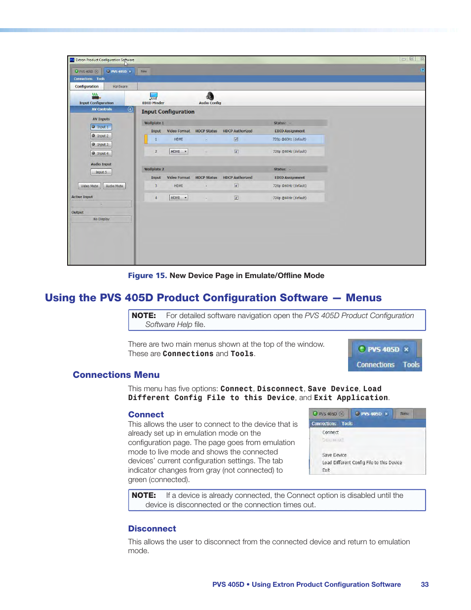 Connections menu, Using the pvs 405d product configuration, Software — menus | Using the pvs 405d pr | Extron Electronics PVS 405D User Guide User Manual | Page 39 / 58