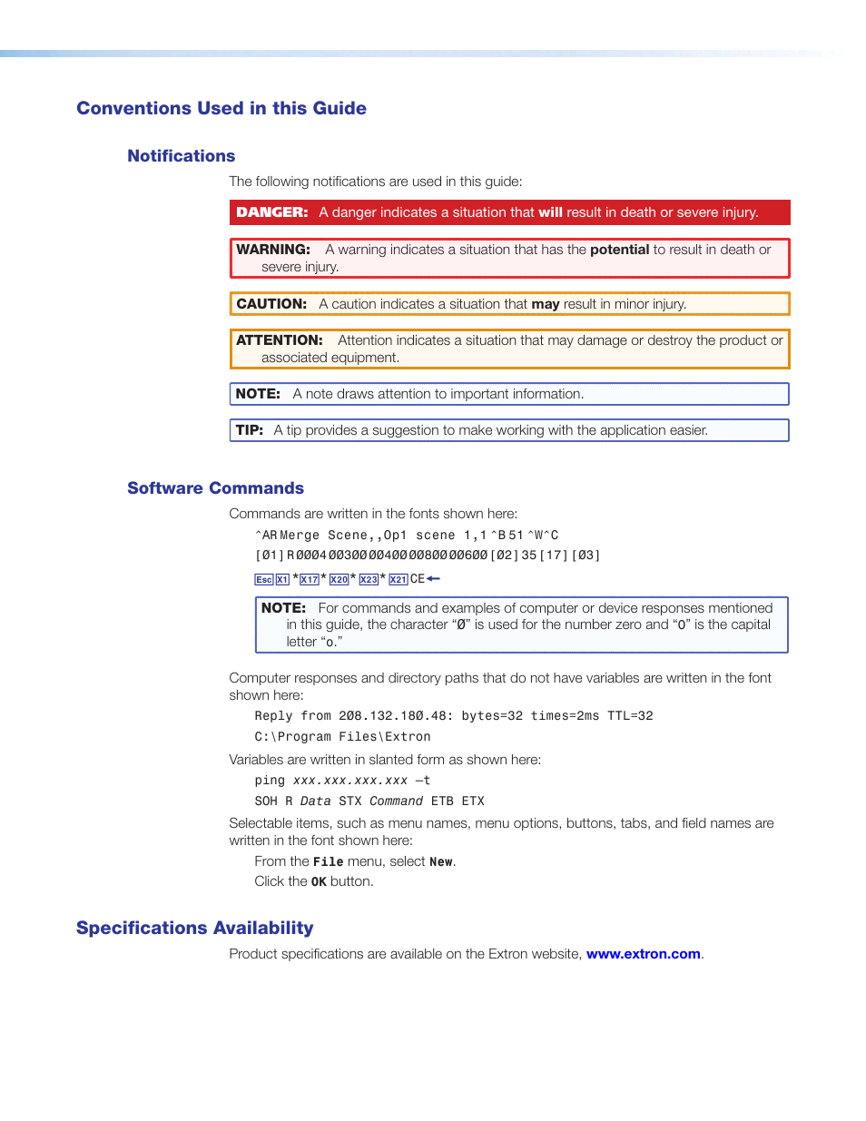 Conventions used in this guide, Specifications availability | Extron Electronics PVS 405D User Guide User Manual | Page 4 / 58