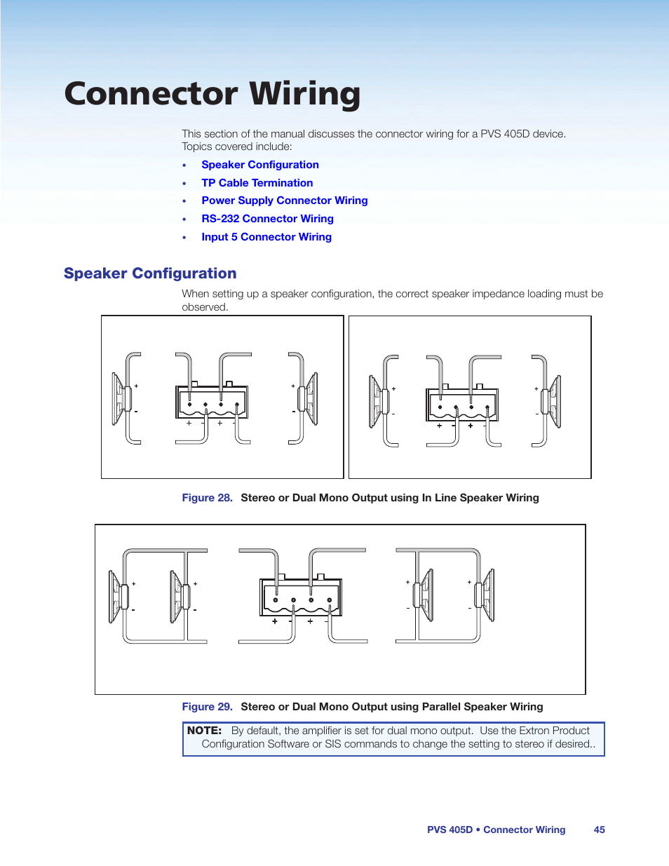 Connector wiring, Speaker configuration | Extron Electronics PVS 405D User Guide User Manual | Page 51 / 58