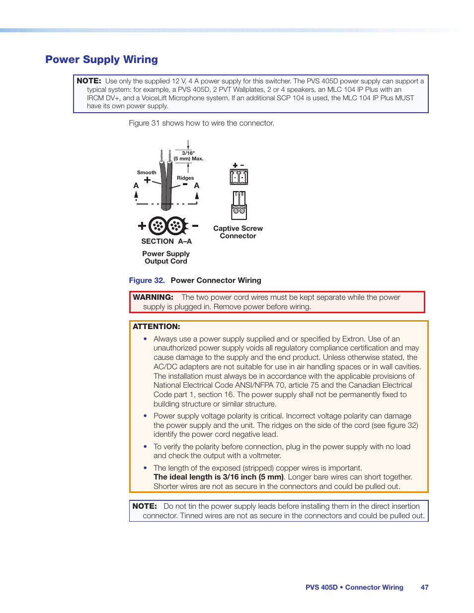 Power supply wiring | Extron Electronics PVS 405D User Guide User Manual | Page 53 / 58