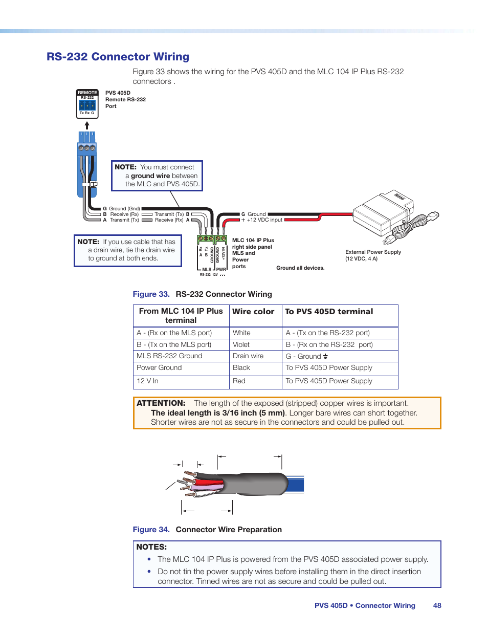 Rs-232 connector wiring, Rs‑232 connector wiring | Extron Electronics PVS 405D User Guide User Manual | Page 54 / 58