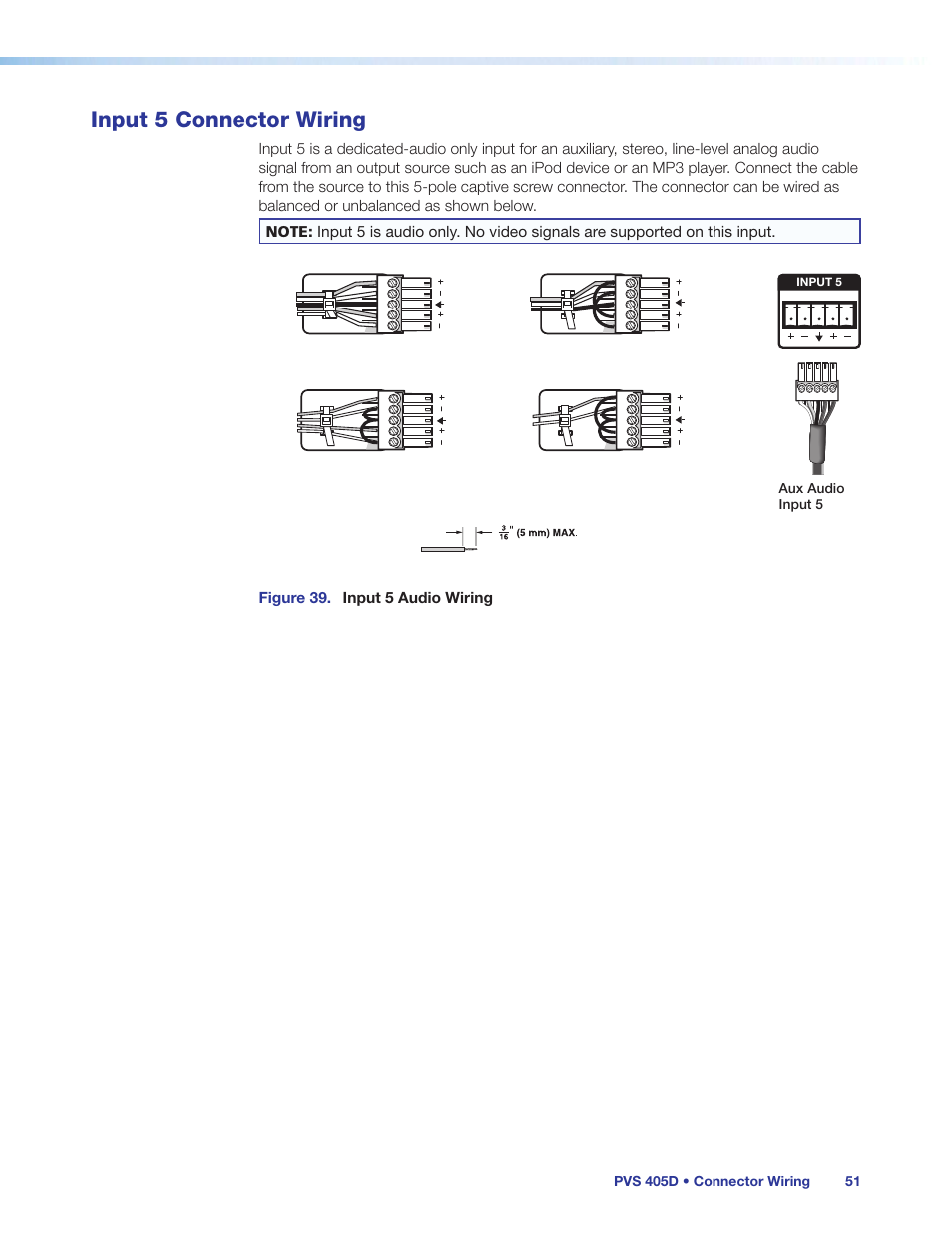 Input 5 connector wiring, Preliminar y, Audio input | Extron Electronics PVS 405D User Guide User Manual | Page 57 / 58
