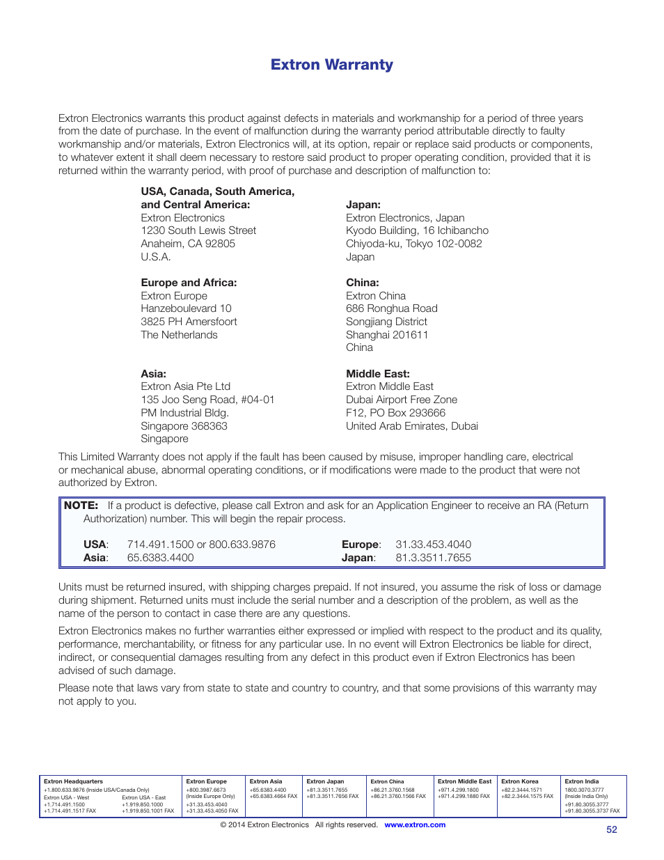 Warranty, Contact information, Warranty contact information | Extron warranty | Extron Electronics PVS 405D User Guide User Manual | Page 58 / 58