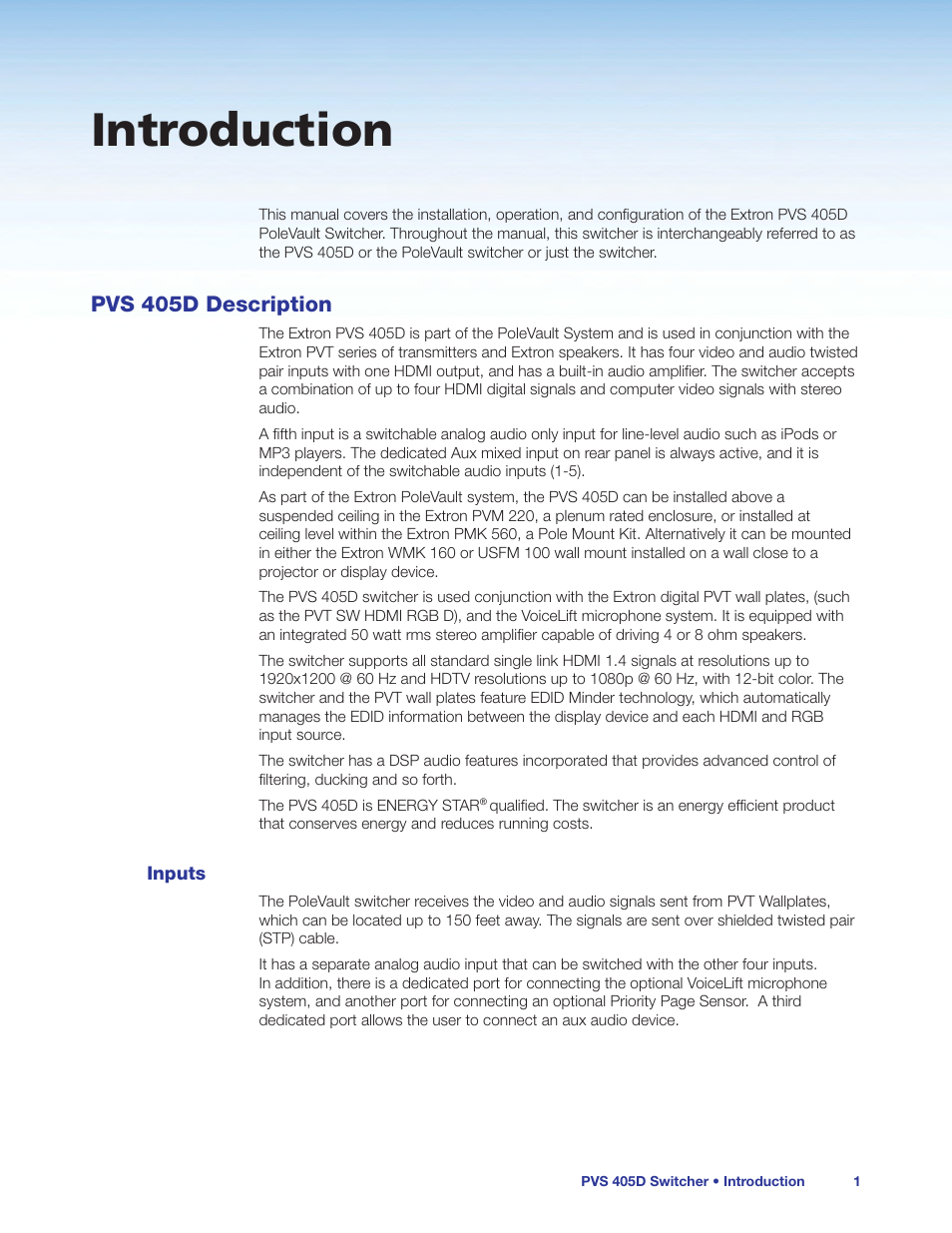 Introduction, Pvs 405d description, Inputs | Extron Electronics PVS 405D User Guide User Manual | Page 7 / 58