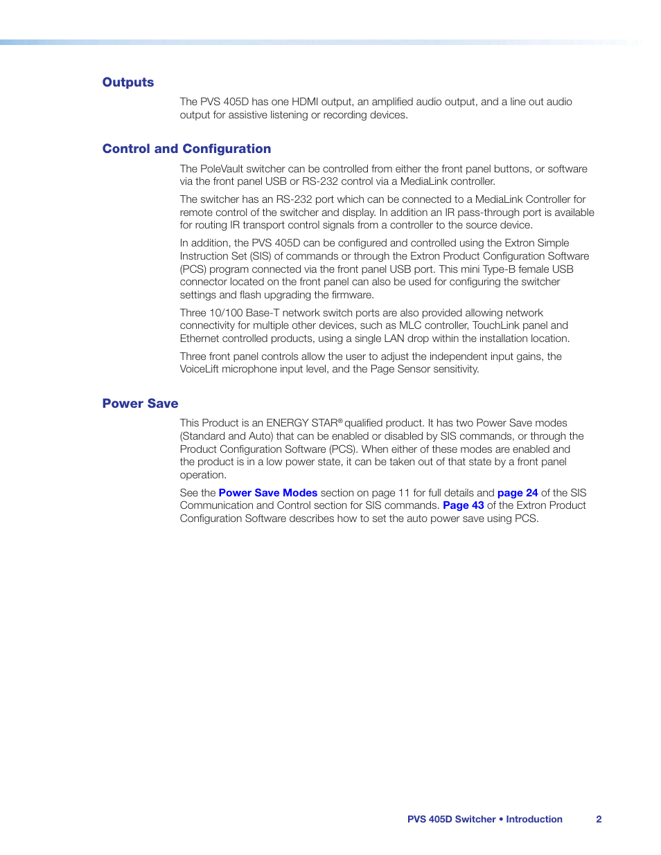 Outputs, Control and configuration, Power save | Outputs control and configuration power save | Extron Electronics PVS 405D User Guide User Manual | Page 8 / 58
