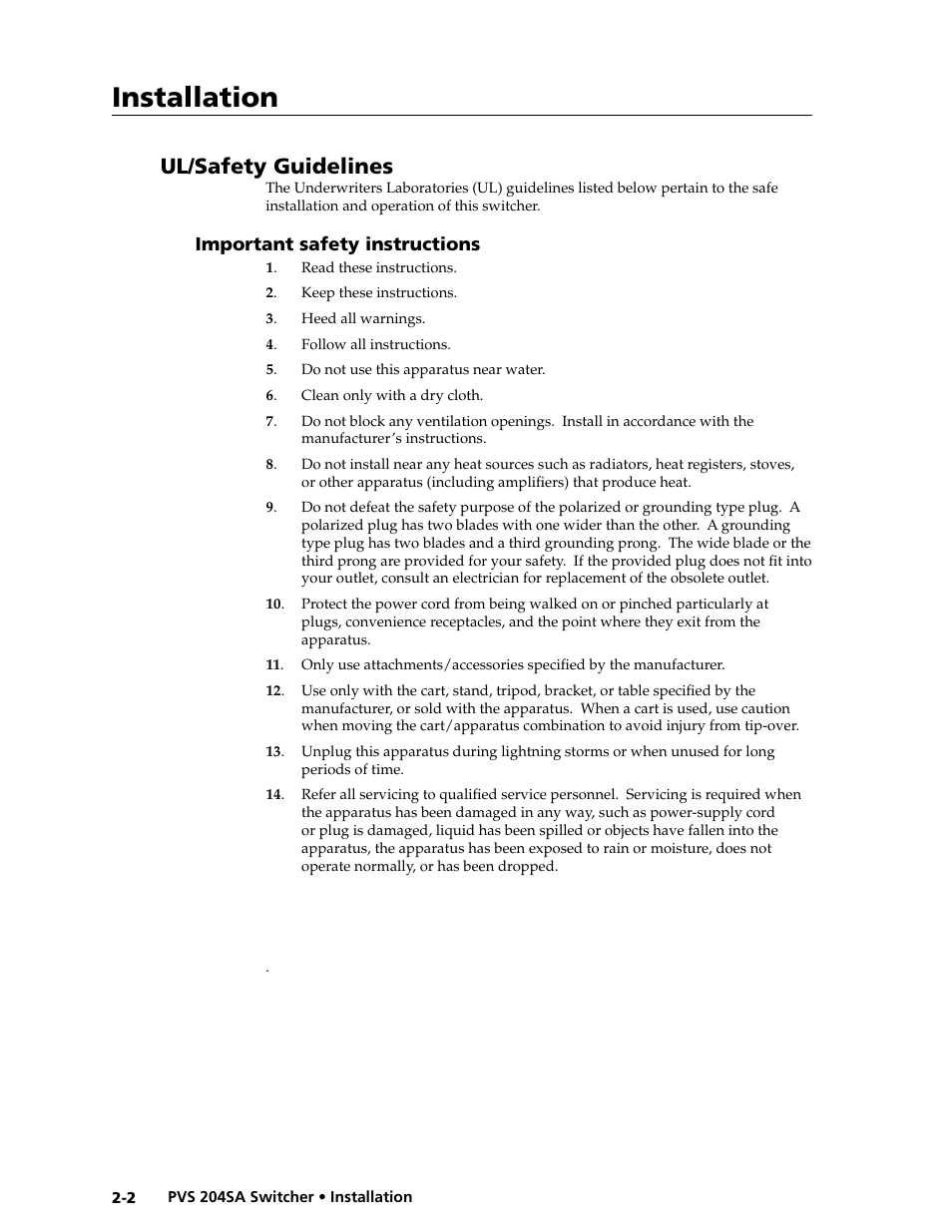 Ul/safety guidelines, Important safety instructions, Ul/safety requirements | Preliminar y, Installation | Extron Electronics PVS 204SA User Guide User Manual | Page 14 / 54