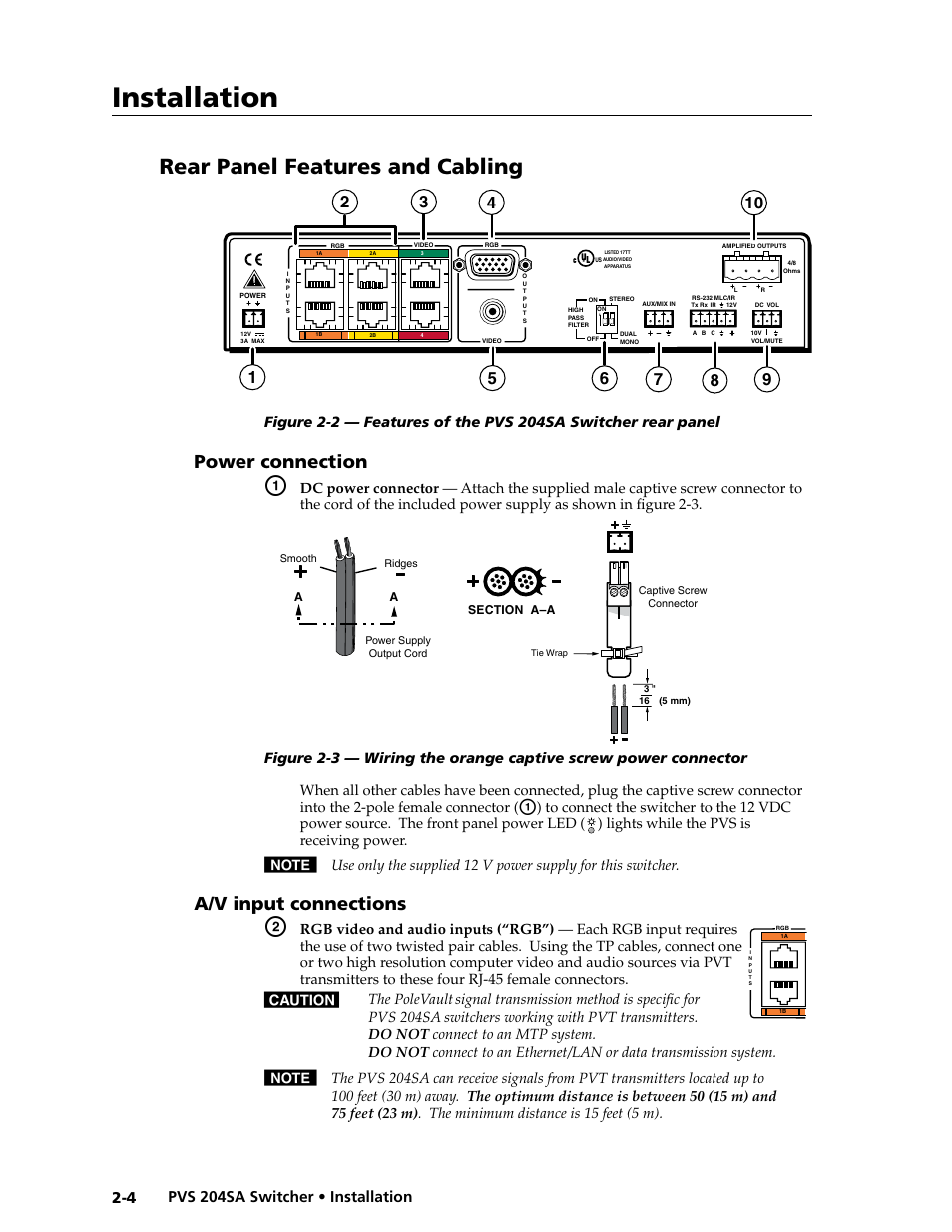 Rear panel features and cabling, Power connection, A/v input connections | Preliminar y, Installation | Extron Electronics PVS 204SA User Guide User Manual | Page 16 / 54