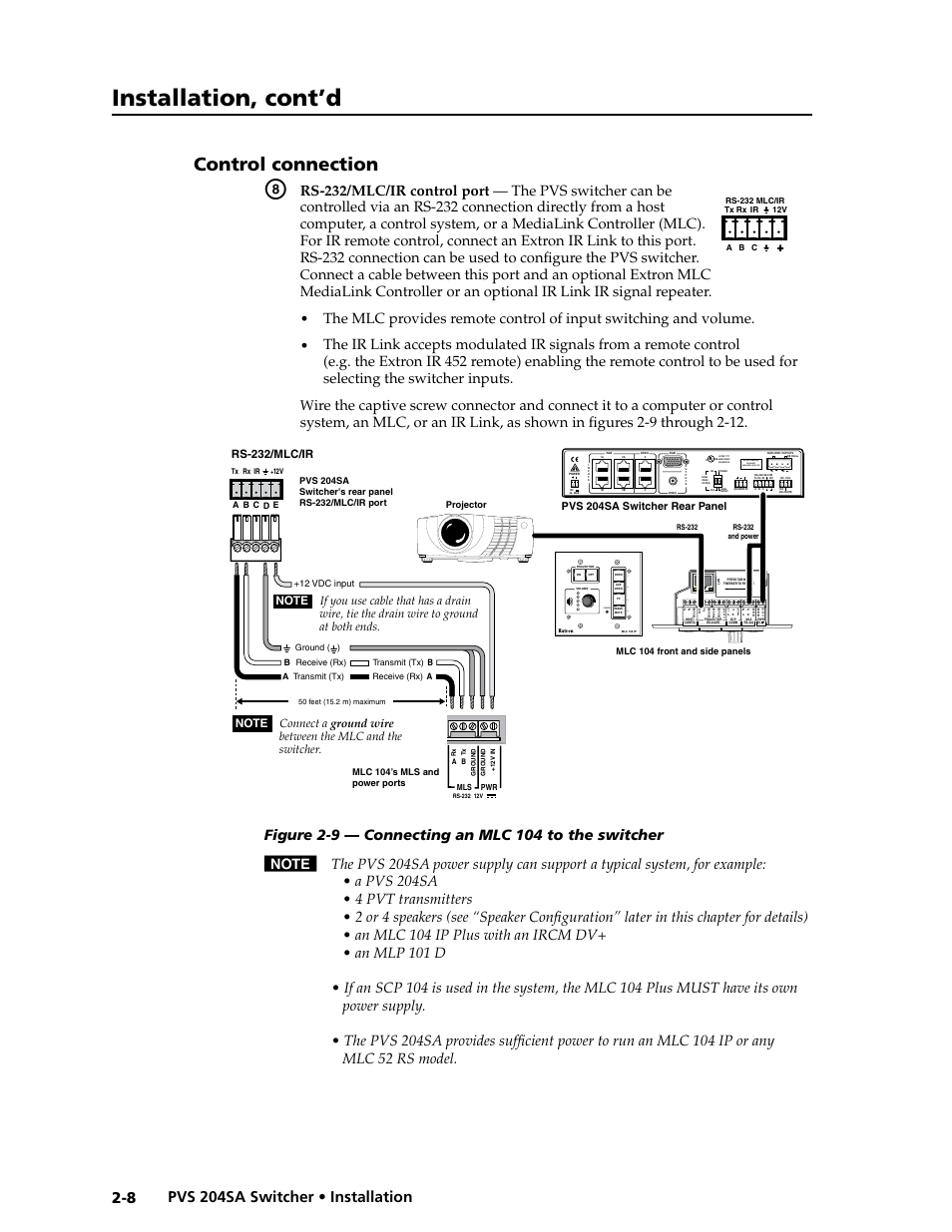 Control connection, Preliminar y, Installation, cont’d | Do not ground or short speaker outputs, Config, Rs-232/mlc/ir | Extron Electronics PVS 204SA User Guide User Manual | Page 20 / 54